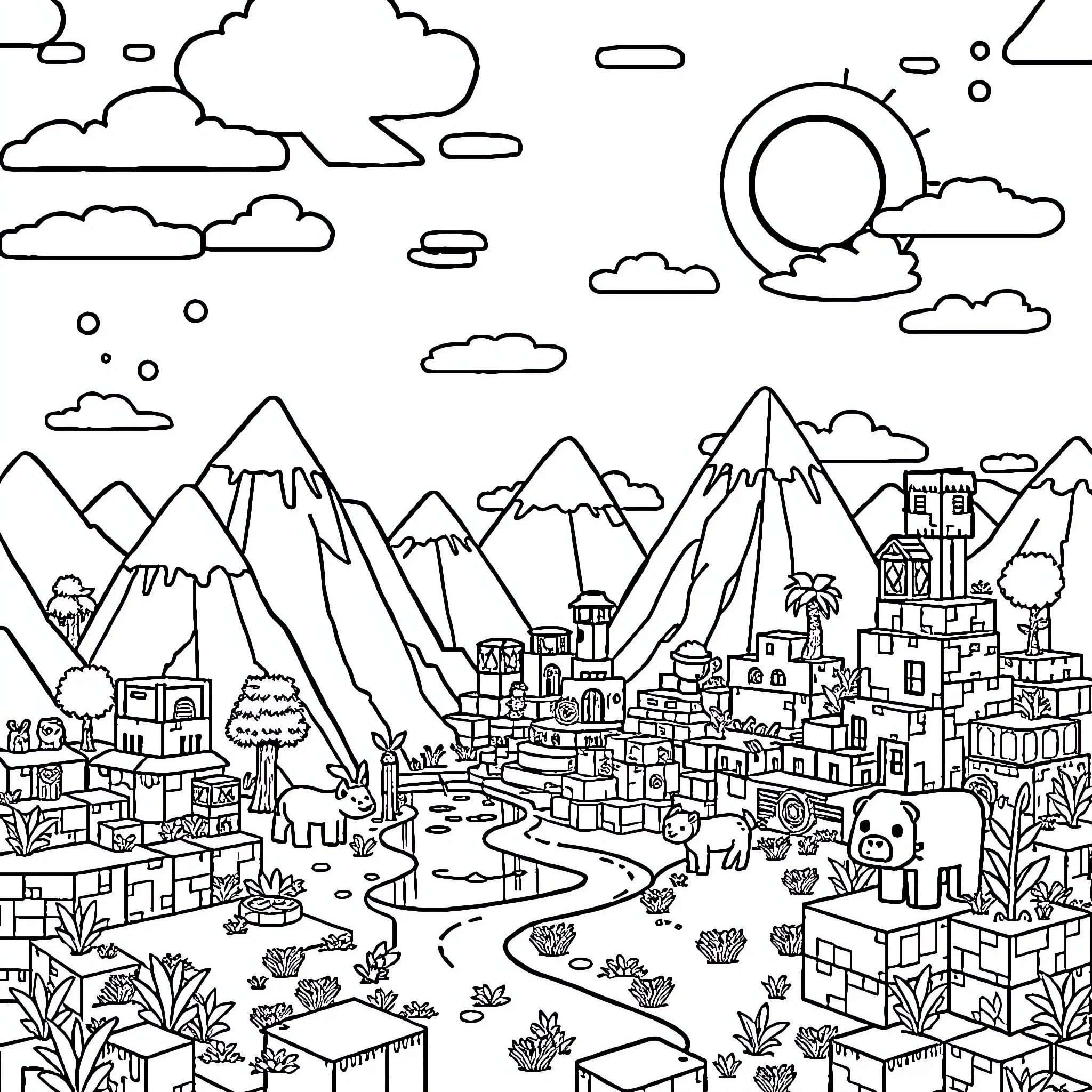 Minecraft Landscape with Mountains, City, and Clouds Coloring Page (free black-and-white line drawing printable PDF for all, from beginners to advanced learners, including children, teens, adults, and seniors)