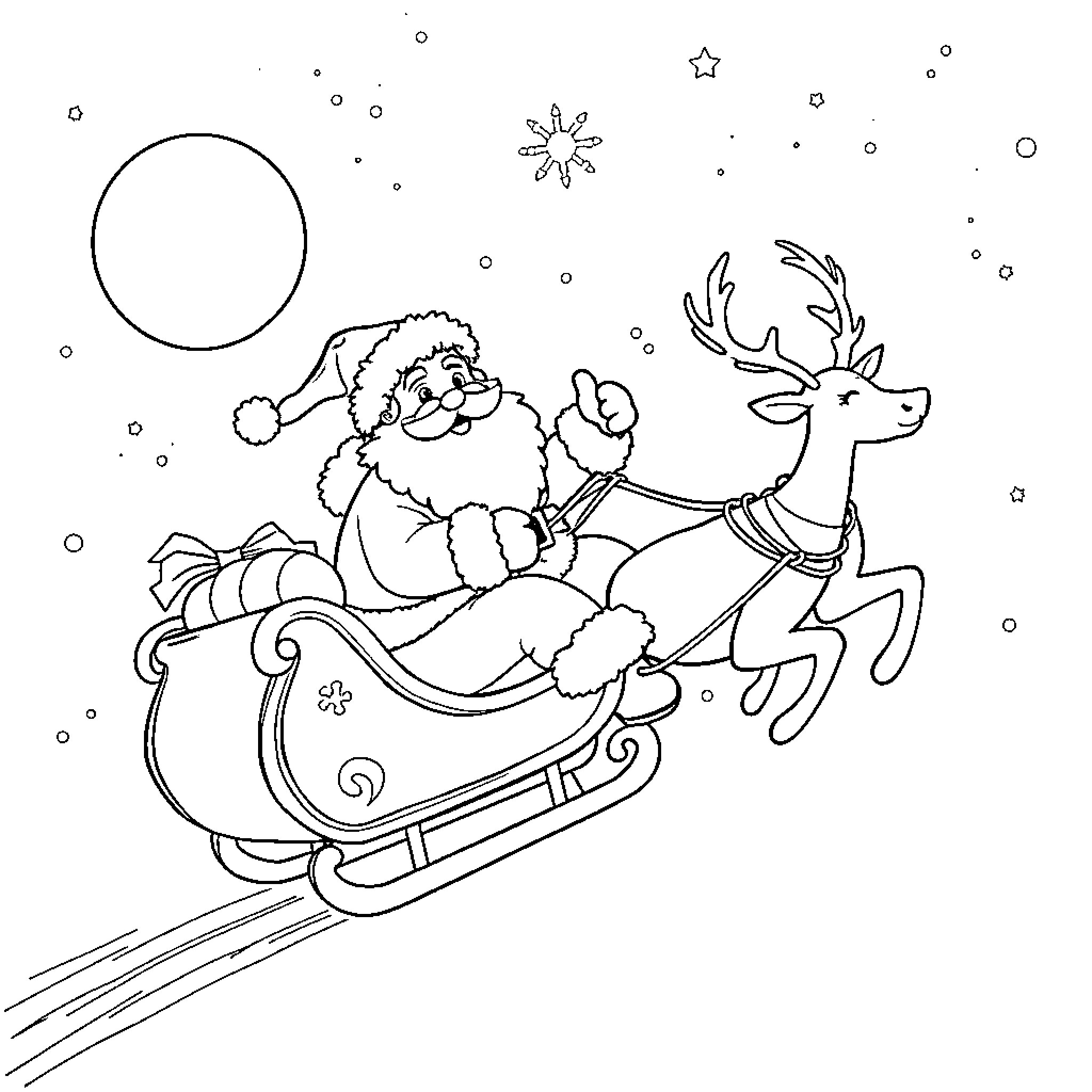 Santa riding a sleigh with reindeer in the snowy night Coloring Page (free black-and-white line drawing printable PDF for all, from beginners to advanced learners, including children, teens, adults, and seniors)