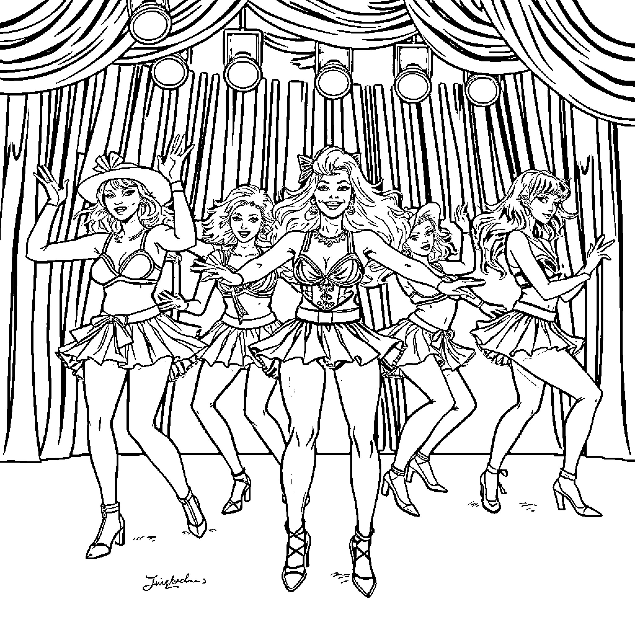 K Pop Performers Showcasing Energetic Dance Moves Coloring Page (free black-and-white line drawing printable PDF for all, from beginners to advanced learners, including children, teens, adults, and seniors)