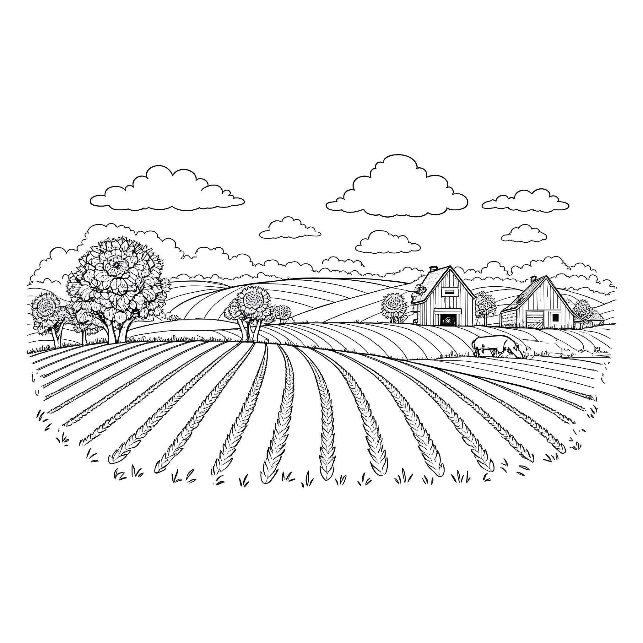 Plant Landscape with Farmhouses and Fields Coloring Page (free black-and-white line drawing printable PDF for all, from beginners to advanced learners, including children, teens, adults, and seniors)