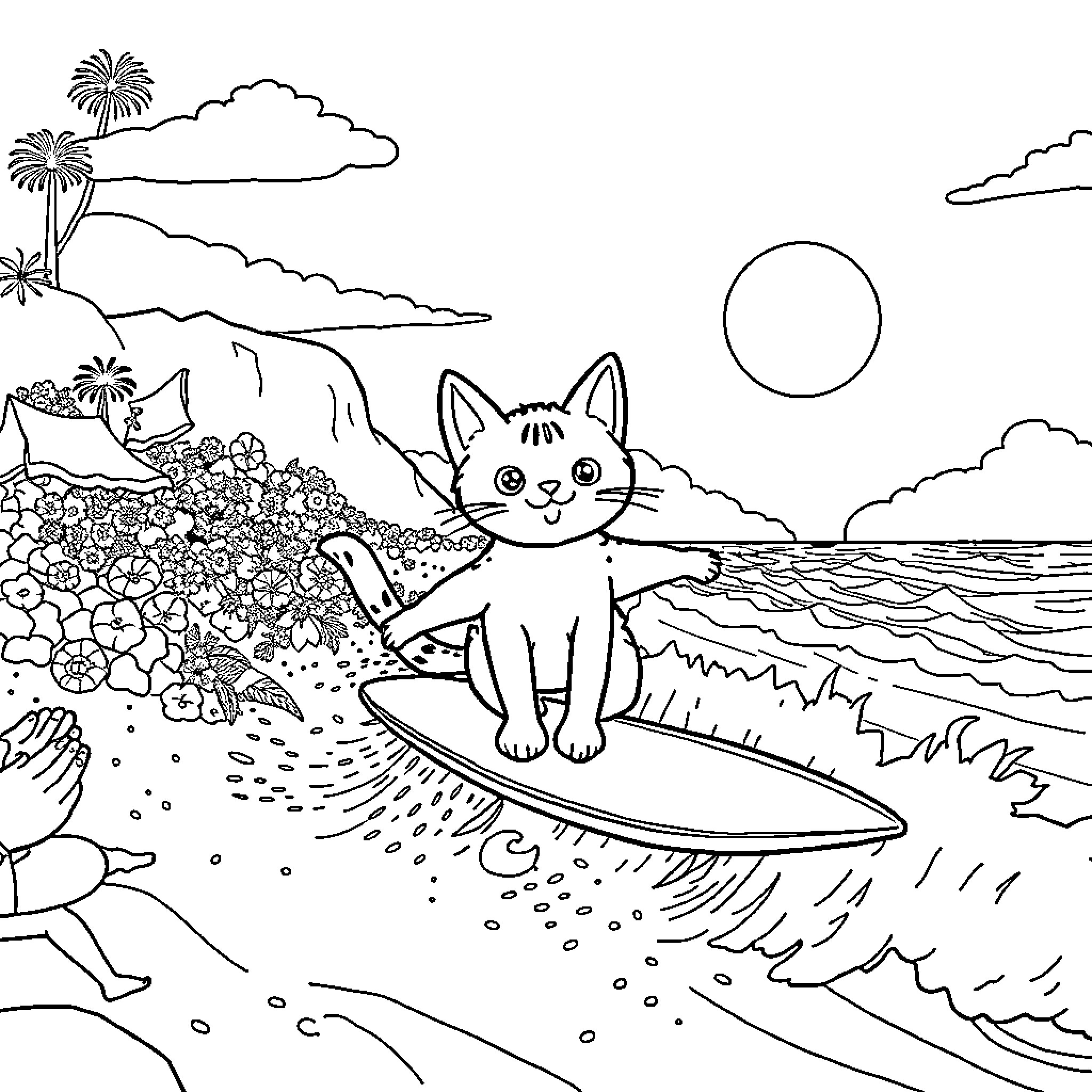 Cat surfing on a tropical beach Coloring Page (free black-and-white line drawing printable PDF for all, from beginners to advanced learners, including children, teens, adults, and seniors)