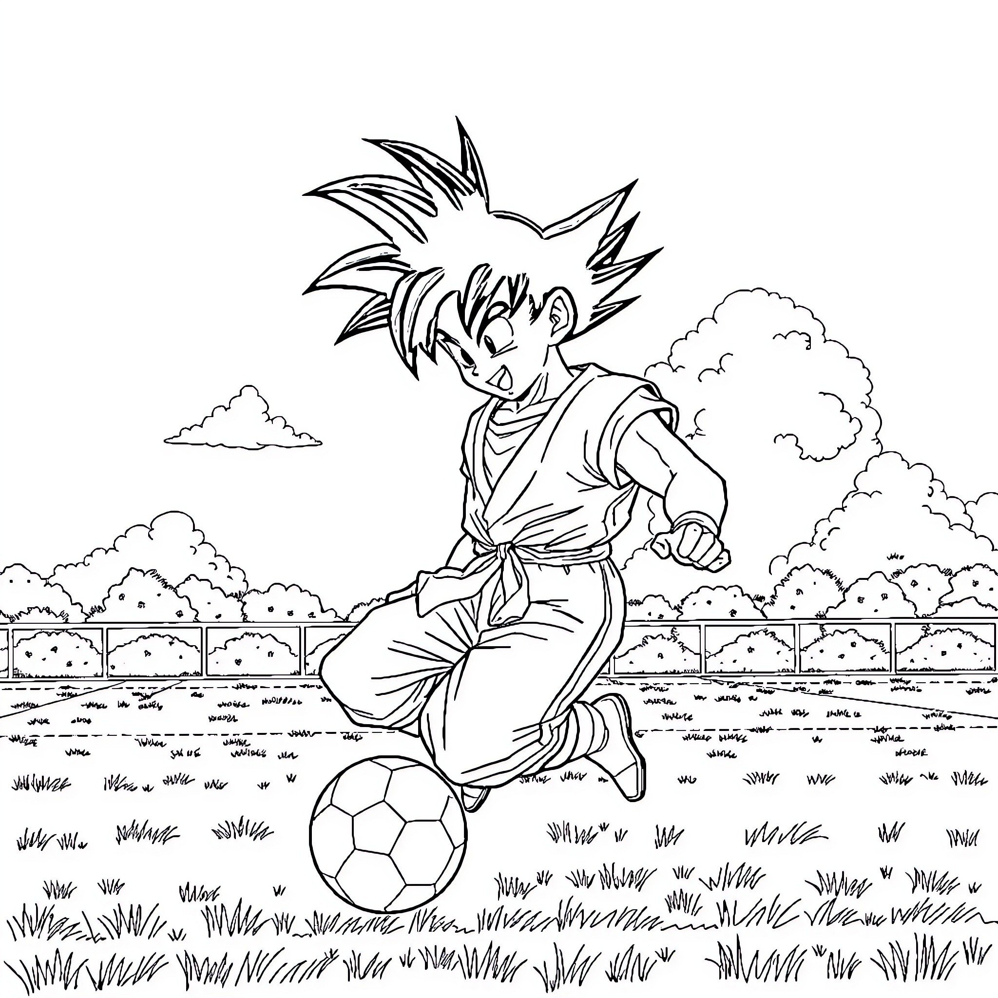 Goku playing with soccer ball in nature Coloring Page (free black-and-white line drawing printable PDF for all, from beginners to advanced learners, including children, teens, adults, and seniors)