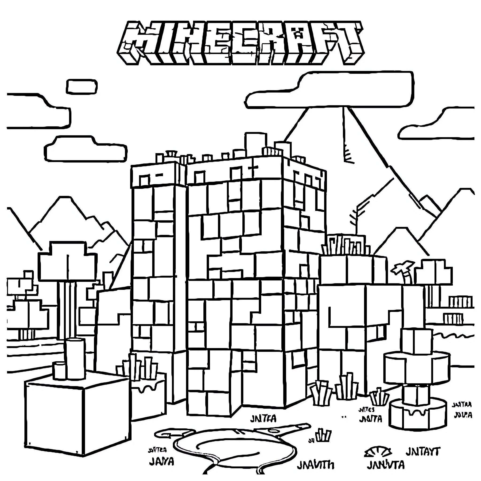 Minecraft stylized city landscape with mountains Coloring Page (free black-and-white line drawing printable PDF for all, from beginners to advanced learners, including children, teens, adults, and seniors)