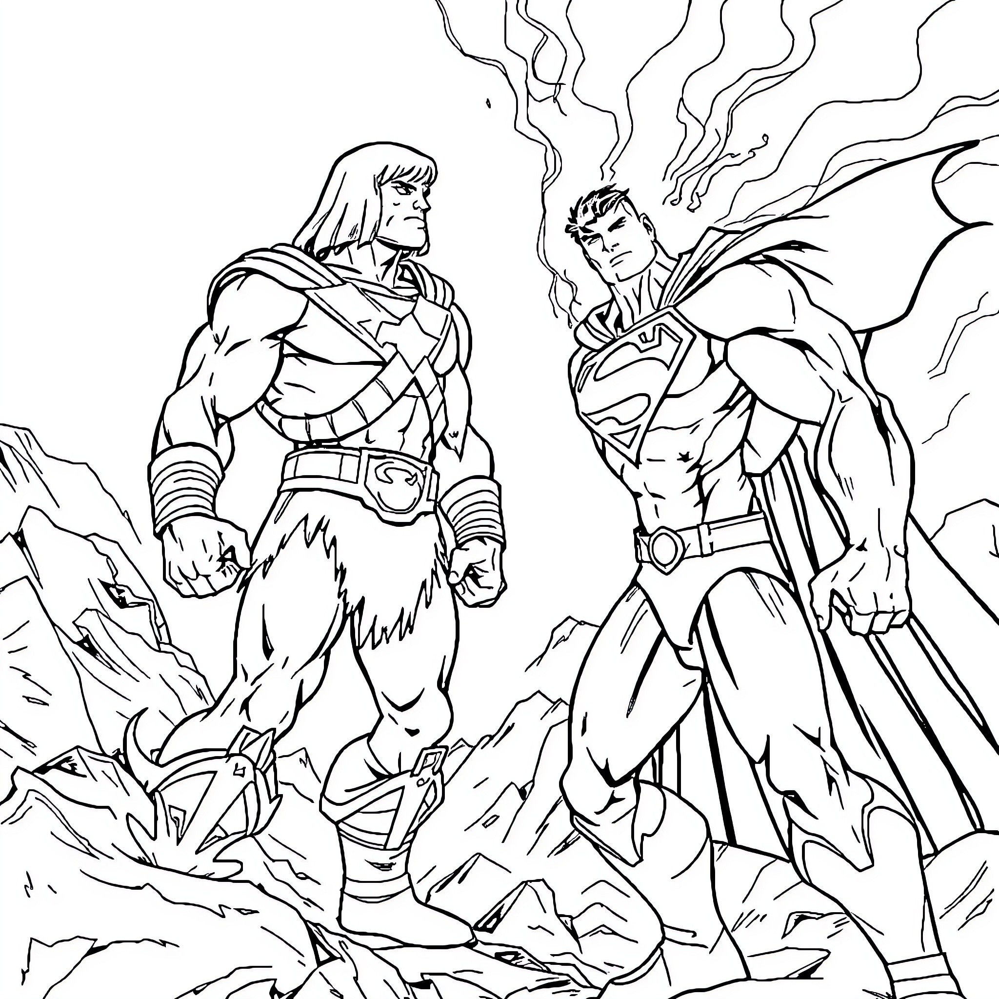 Heman and Superman in epic battle on rocky terrain Coloring Page (free black-and-white line drawing printable PDF for all, from beginners to advanced learners, including children, teens, adults, and seniors)