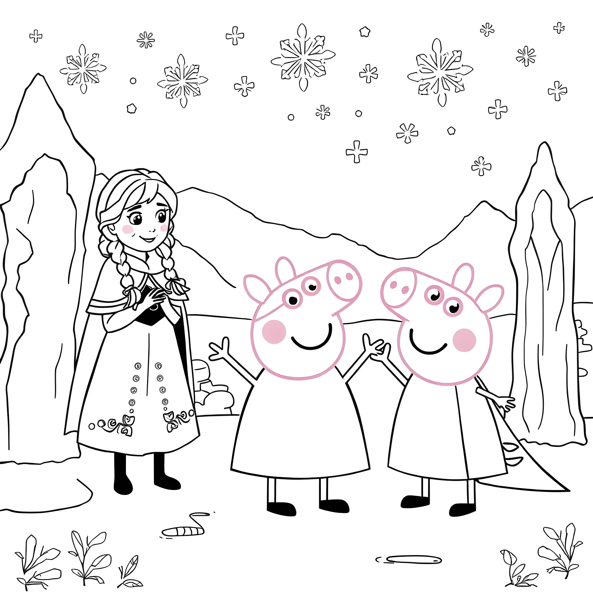 Peppa Pig and Friends Frolicking in Snowy Mountains Coloring Page (free black-and-white line drawing printable PDF for all, from beginners to advanced learners, including children, teens, adults, and seniors)