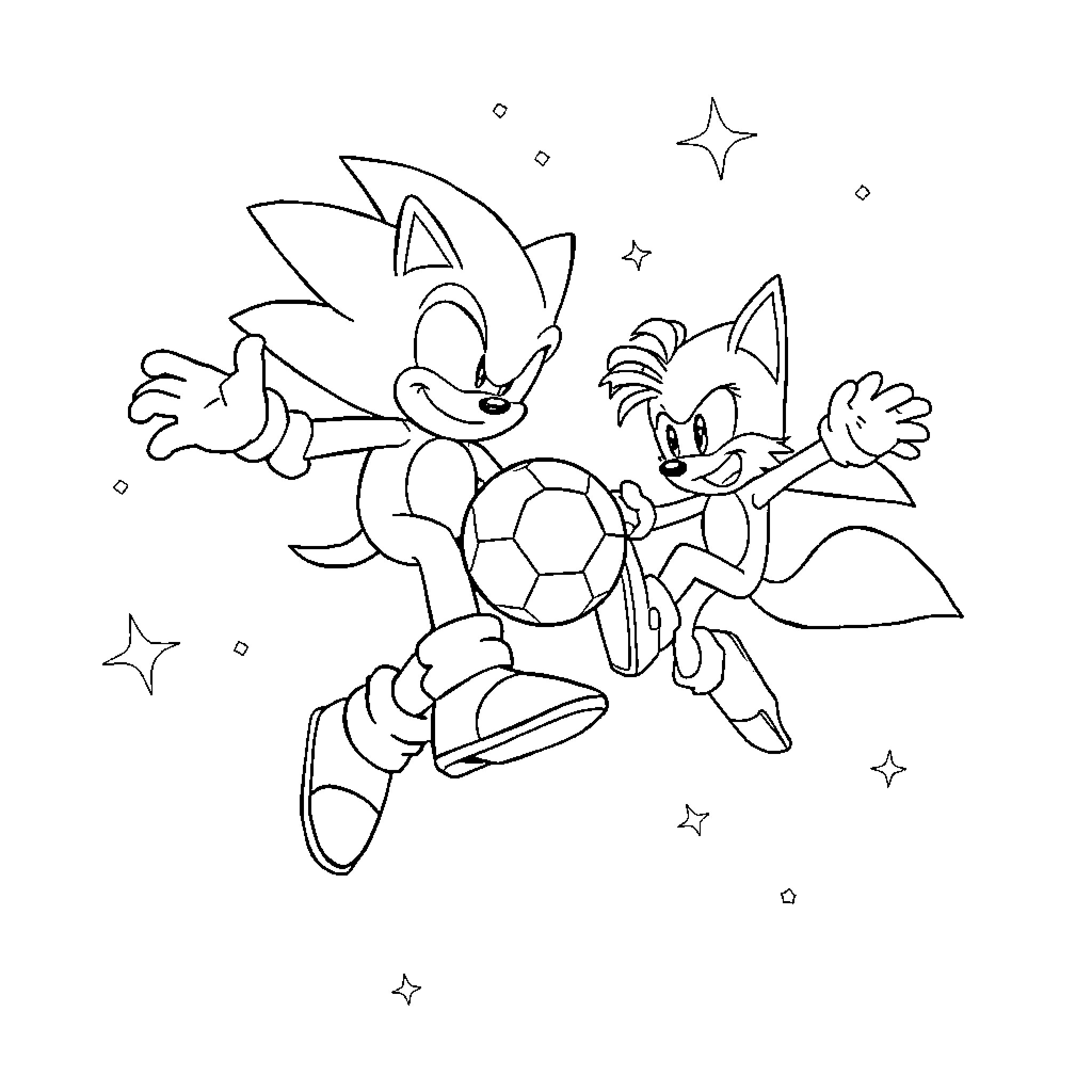Sonic and Tails Playing with Soccer Ball in Space Coloring Page (free black-and-white line drawing printable PDF for all, from beginners to advanced learners, including children, teens, adults, and seniors)