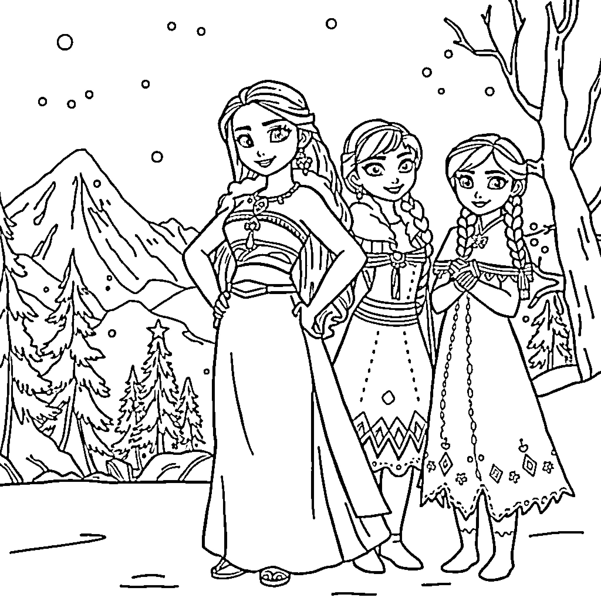 Moana and her friends exploring the winter wonderland Coloring Page (free black-and-white line drawing printable PDF for all, from beginners to advanced learners, including children, teens, adults, and seniors)