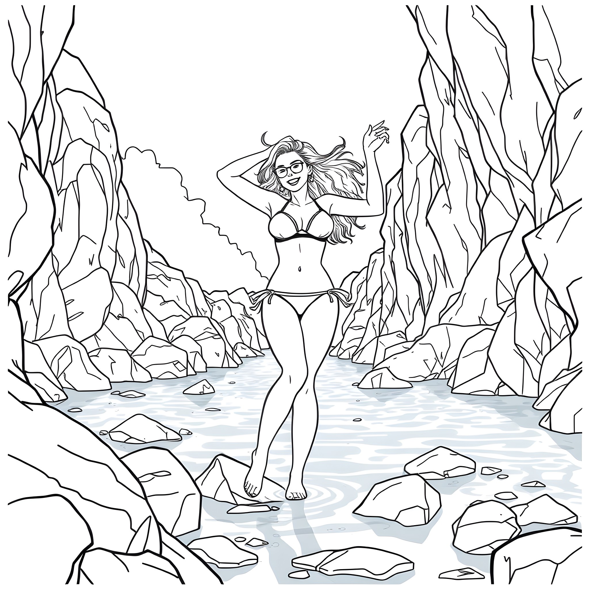 Girl in swimsuit relaxing by the rocky shore Coloring Page (free black-and-white line drawing printable PDF for all, from beginners to advanced learners, including children, teens, adults, and seniors)