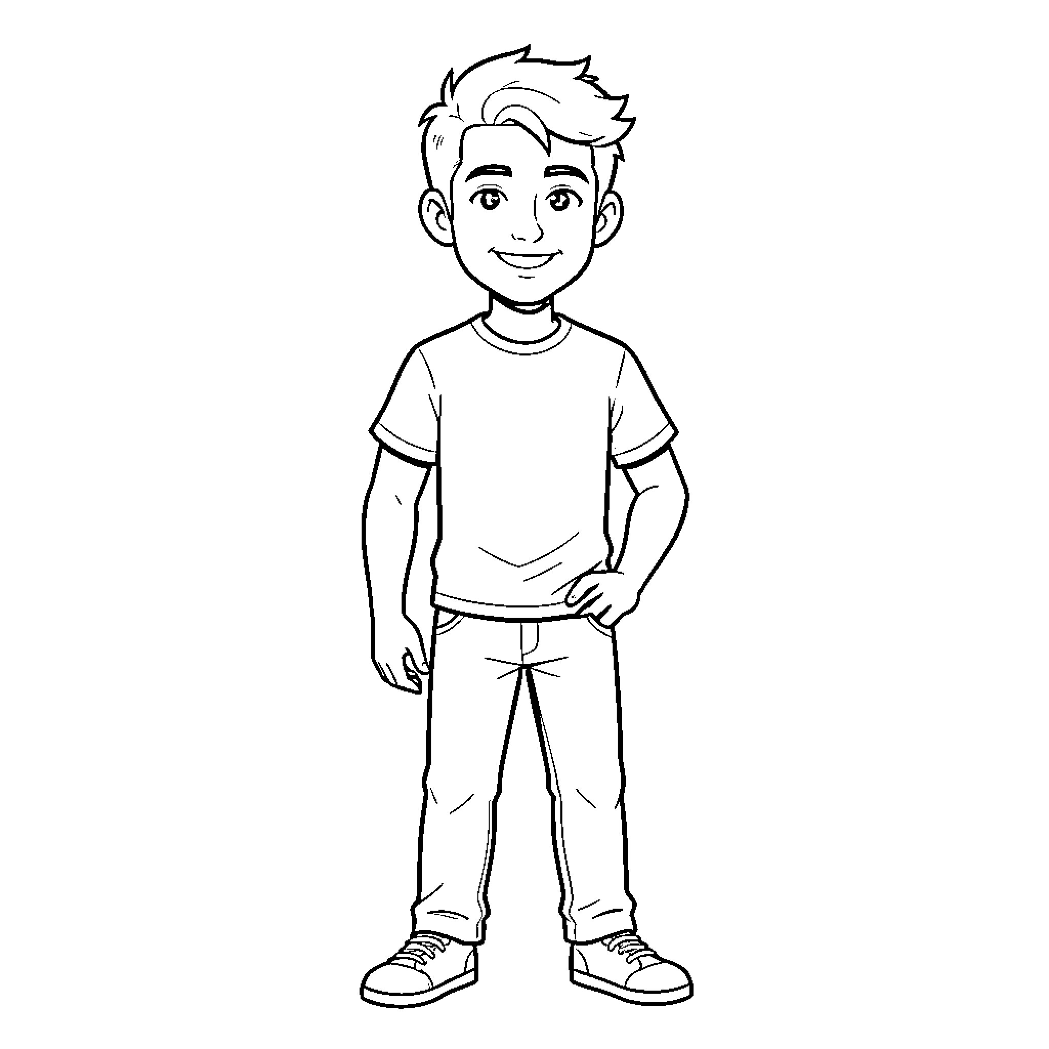 Jaxson standing confidently in a t-shirt and jeans Coloring Page (free black-and-white line drawing printable PDF for all, from beginners to advanced learners, including children, teens, adults, and seniors)