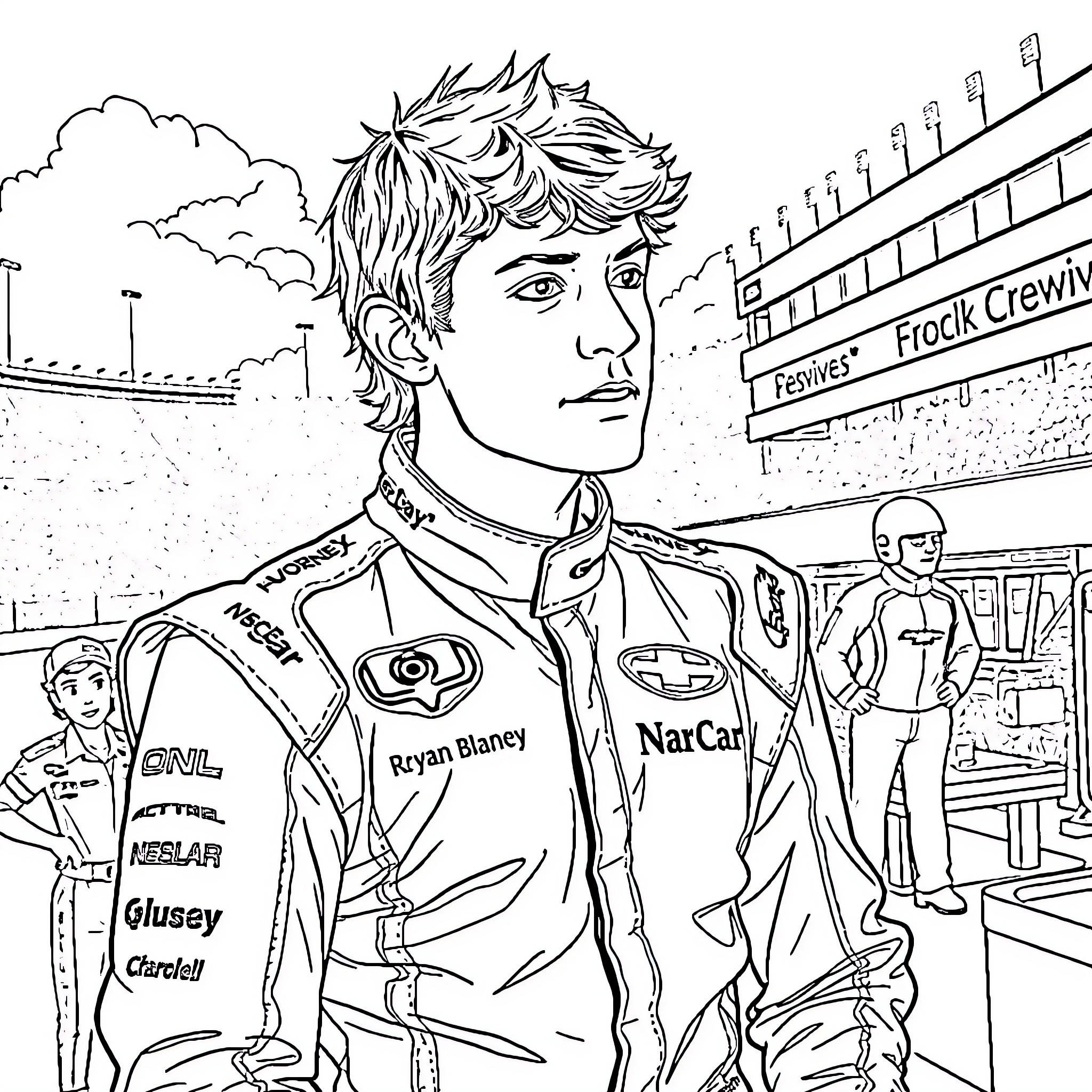 Ryan Blaney Interacting with Crew at Racing Event Coloring Page (free black-and-white line drawing printable PDF for all, from beginners to advanced learners, including children, teens, adults, and seniors)