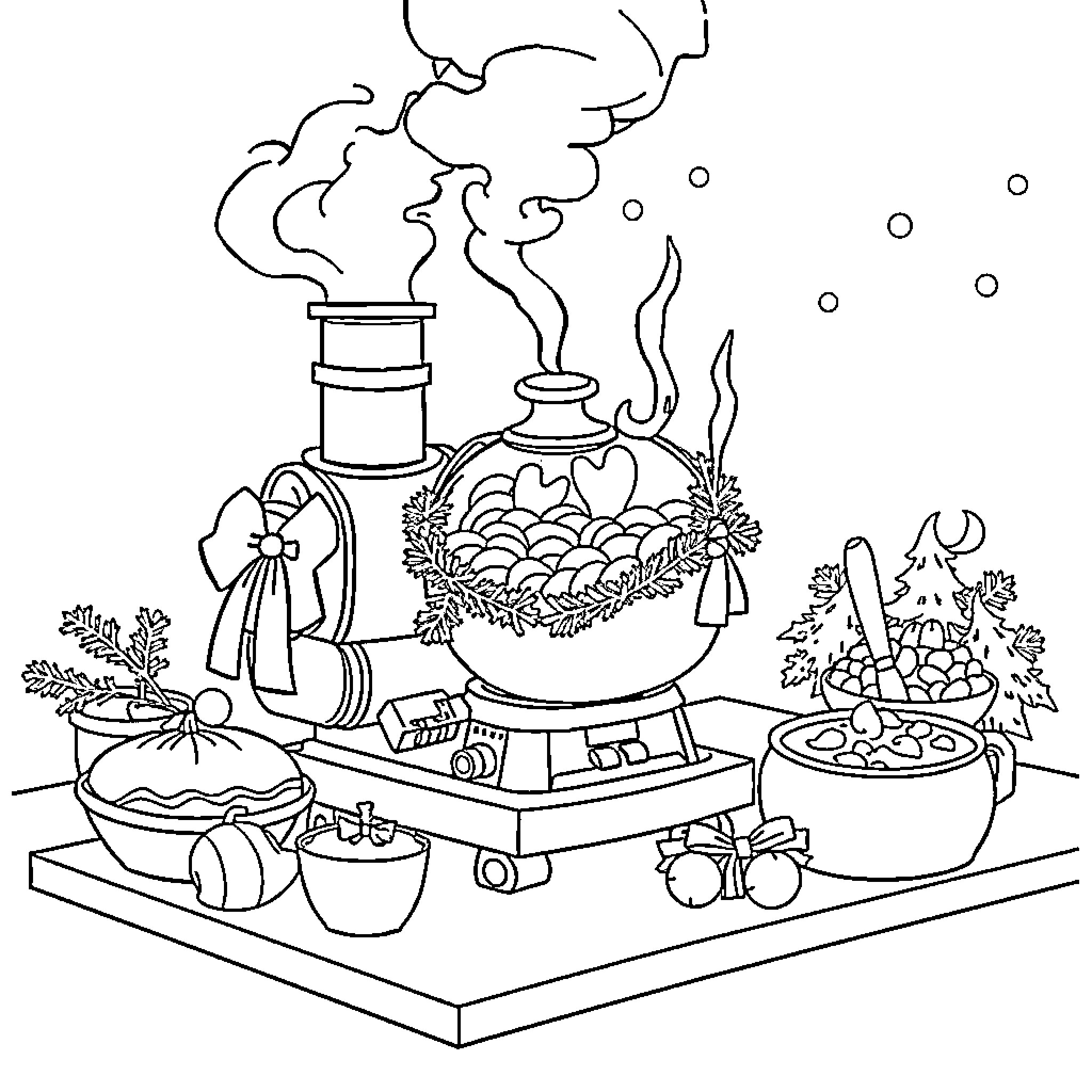 Cookbook Holiday Cooking Scene Coloring Page (free black-and-white line drawing printable PDF for all, from beginners to advanced learners, including children, teens, adults, and seniors)