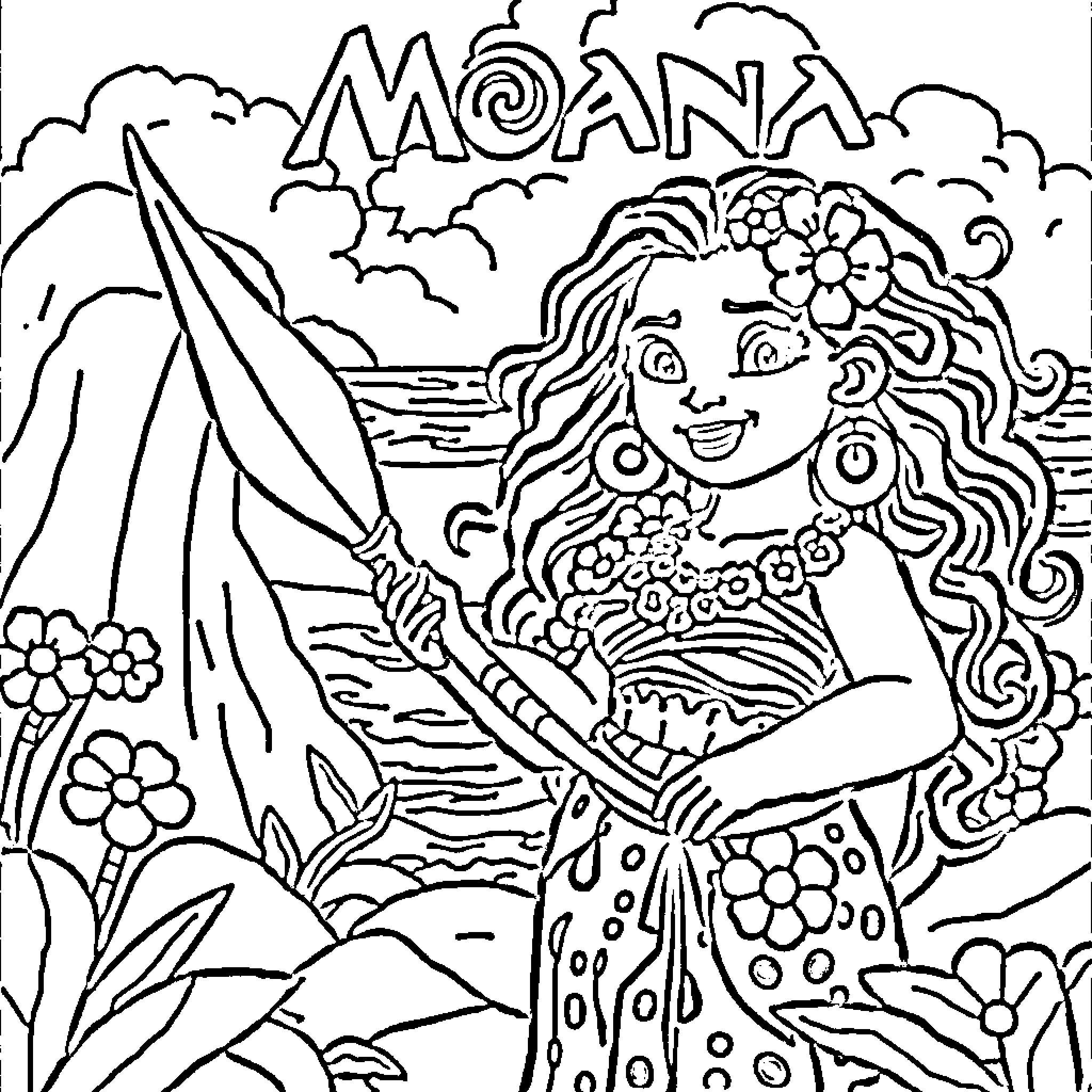 Moana exploring the ocean with her flower crown and canoe Coloring Page (free black-and-white line drawing printable PDF for all, from beginners to advanced learners, including children, teens, adults, and seniors)