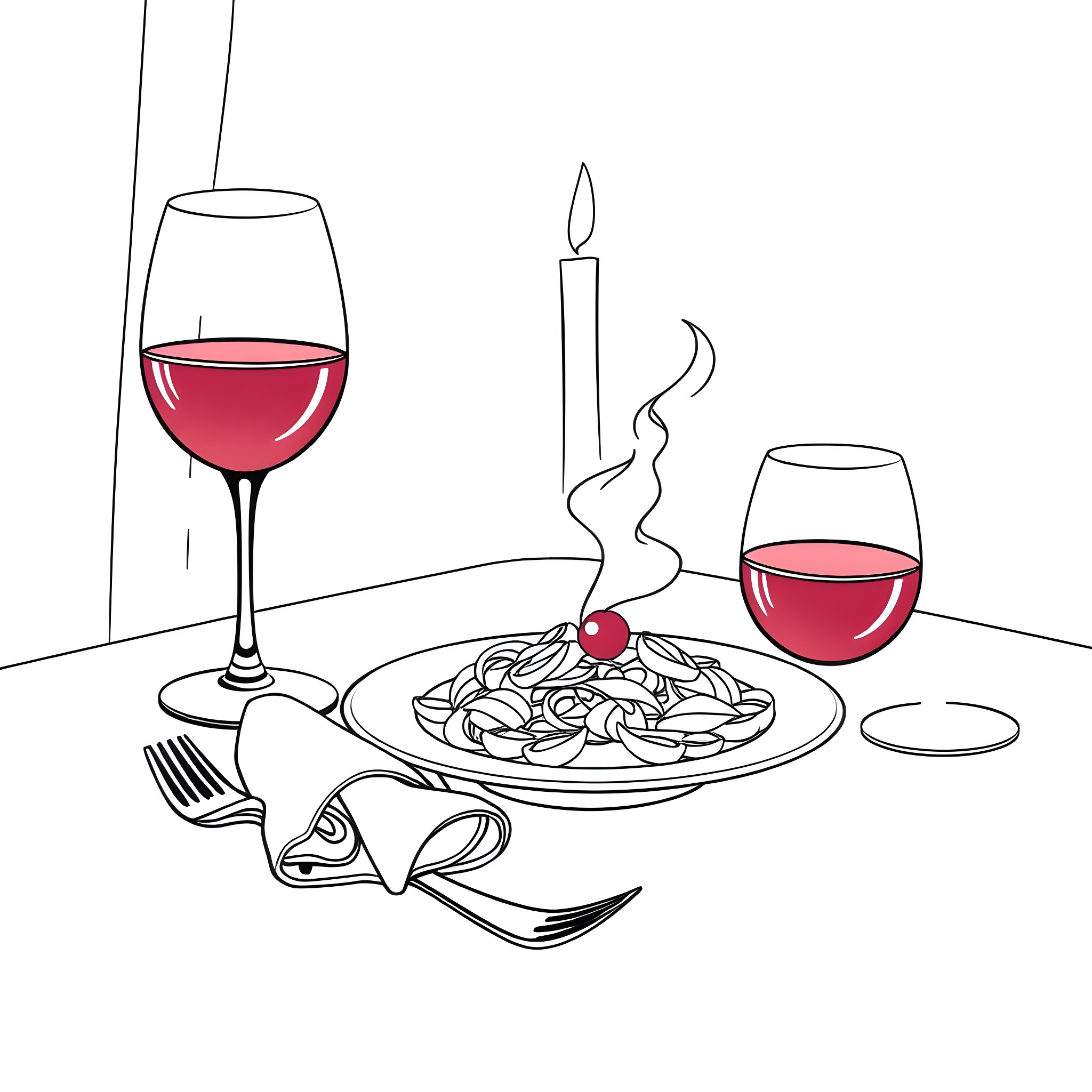 Table with Wine Glasses and Pasta Dish Coloring Page (free black-and-white line drawing printable PDF for all, from beginners to advanced learners, including children, teens, adults, and seniors)