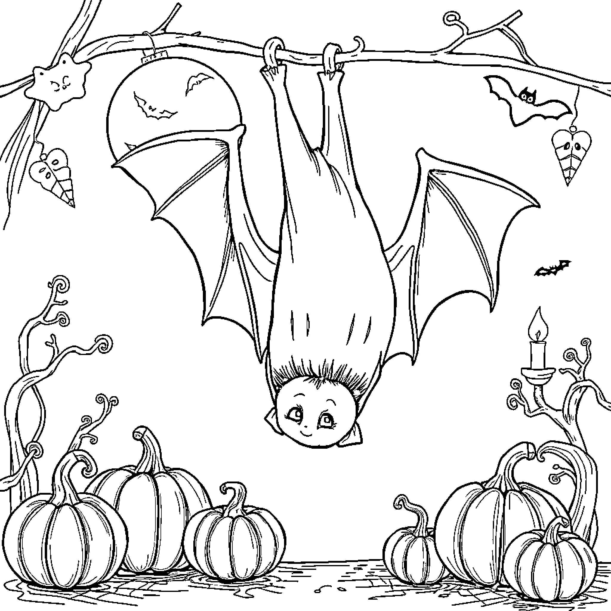 Bat flying above pumpkin patch at night Coloring Page (free black-and-white line drawing printable PDF for all, from beginners to advanced learners, including children, teens, adults, and seniors)
