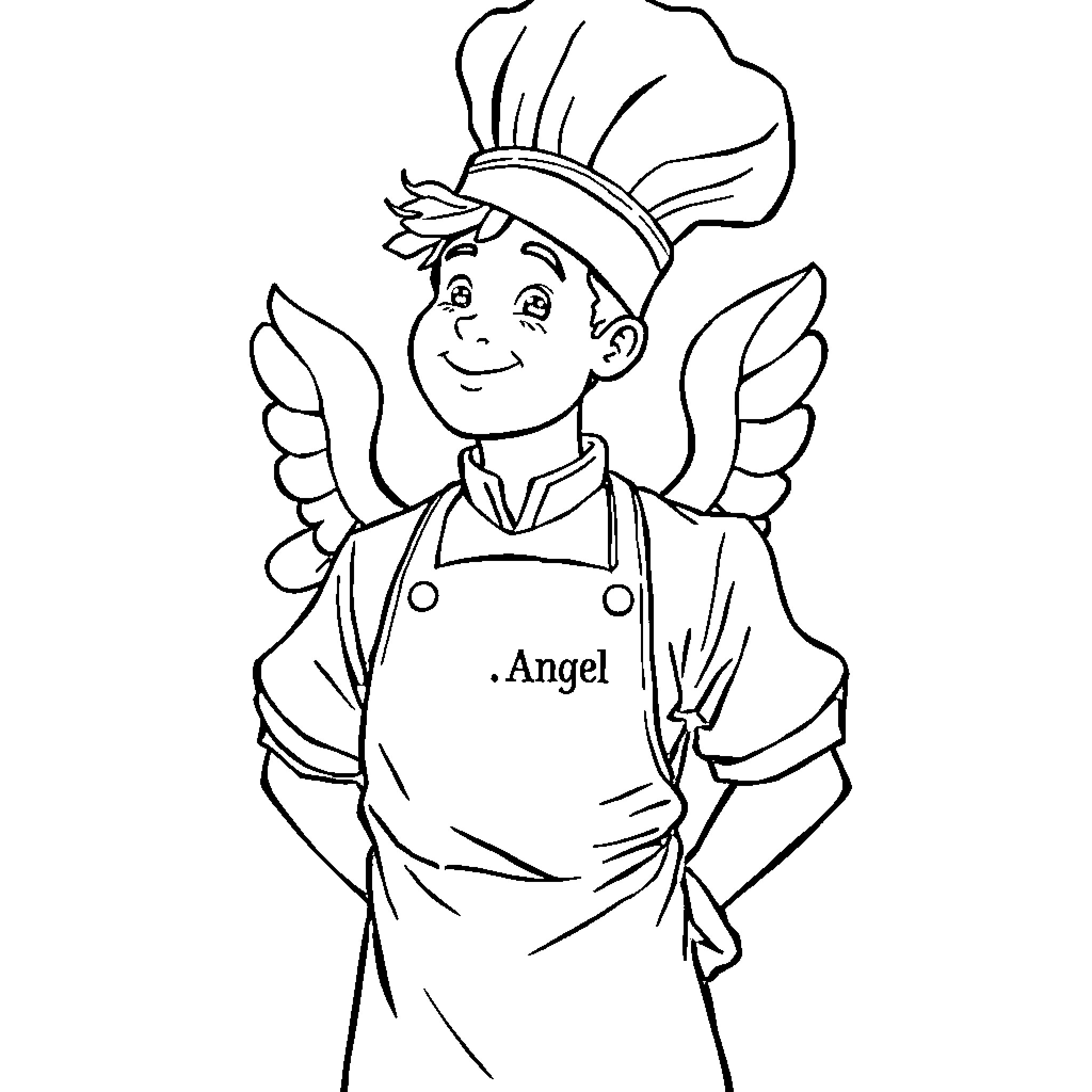 Chef Angel smiling in uniform Coloring Page (free black-and-white line drawing printable PDF for all, from beginners to advanced learners, including children, teens, adults, and seniors)