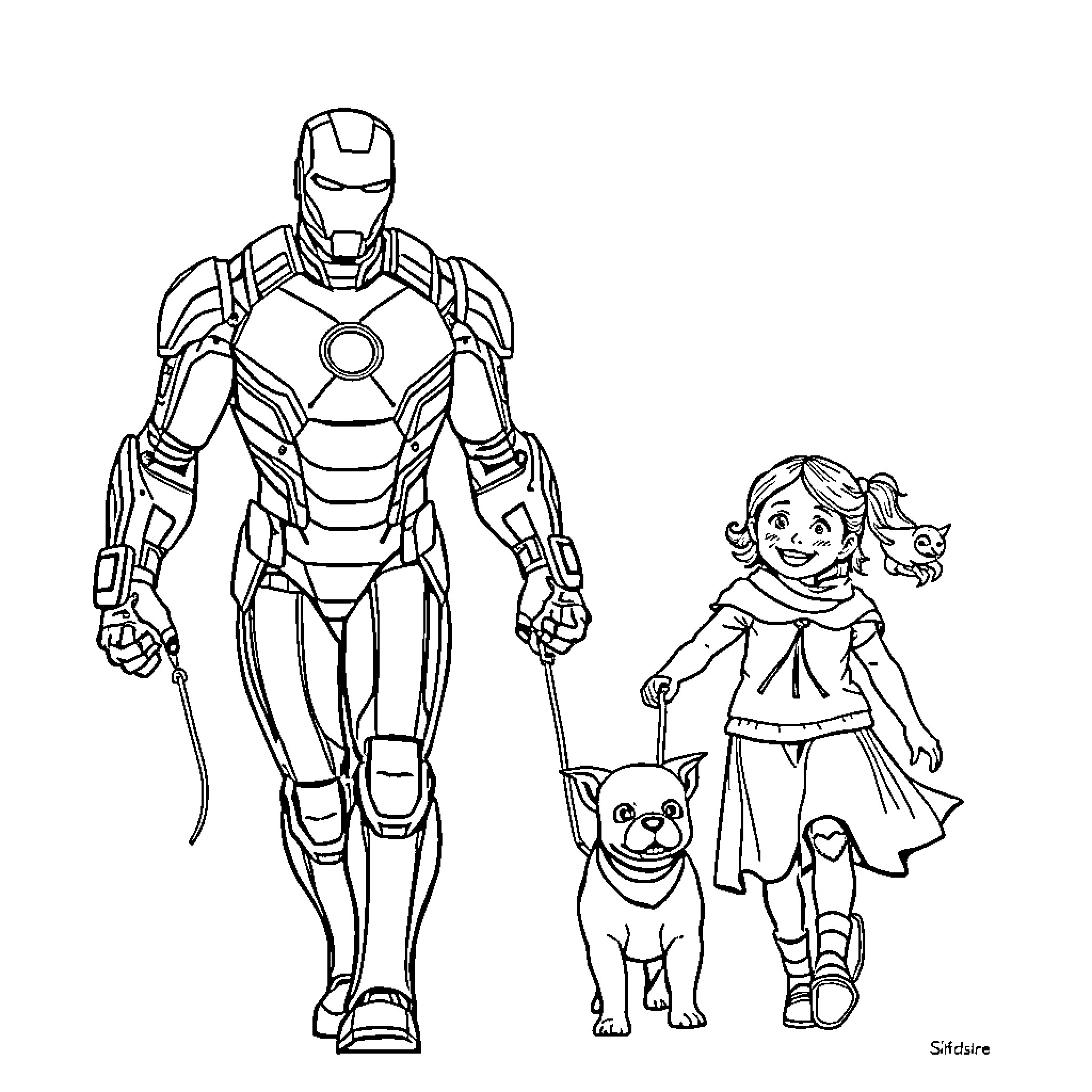 Iron Man Protects Young Girl and Her Pet Coloring Page (free black-and-white line drawing printable PDF for all, from beginners to advanced learners, including children, teens, adults, and seniors)