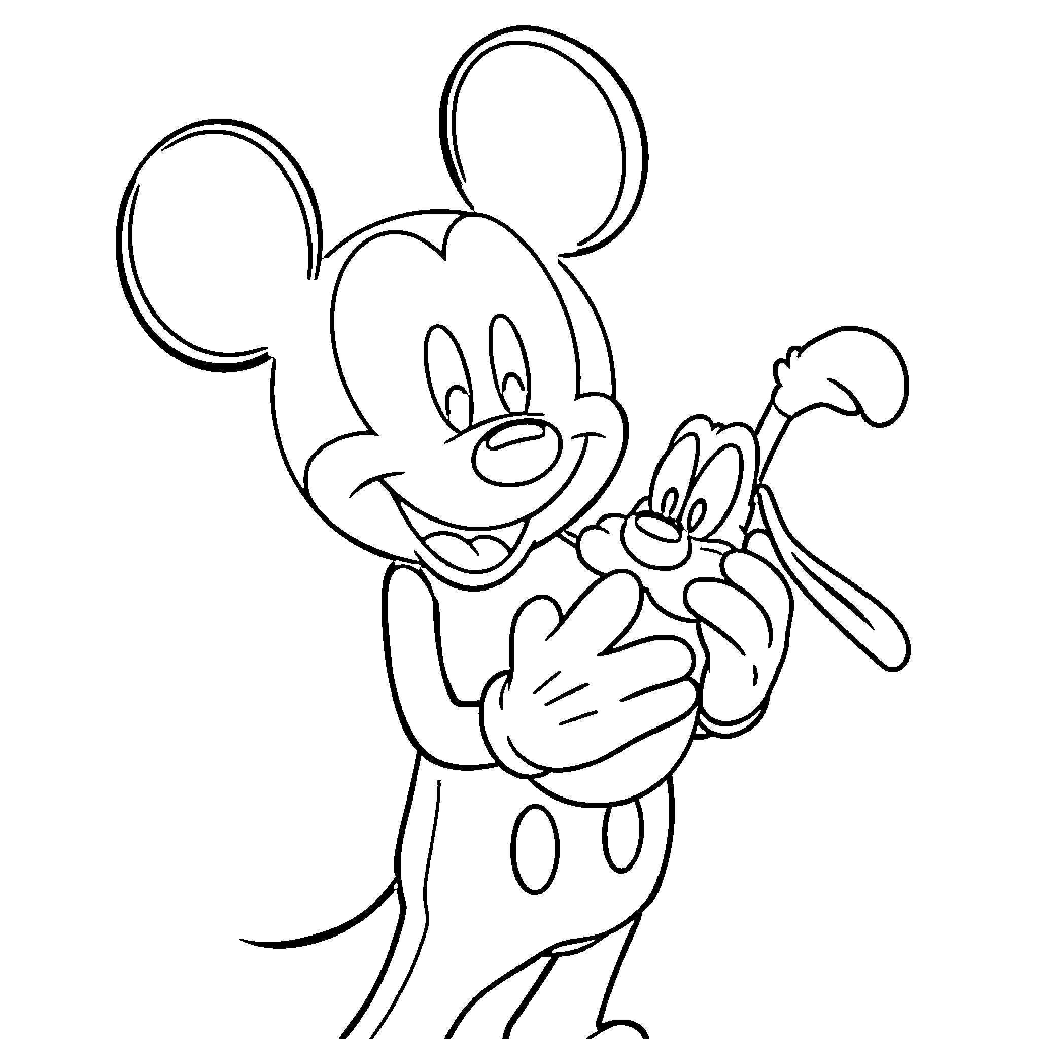Mickey Mouse playing with his pet friend Coloring Page (free black-and-white line drawing printable PDF for all, from beginners to advanced learners, including children, teens, adults, and seniors)