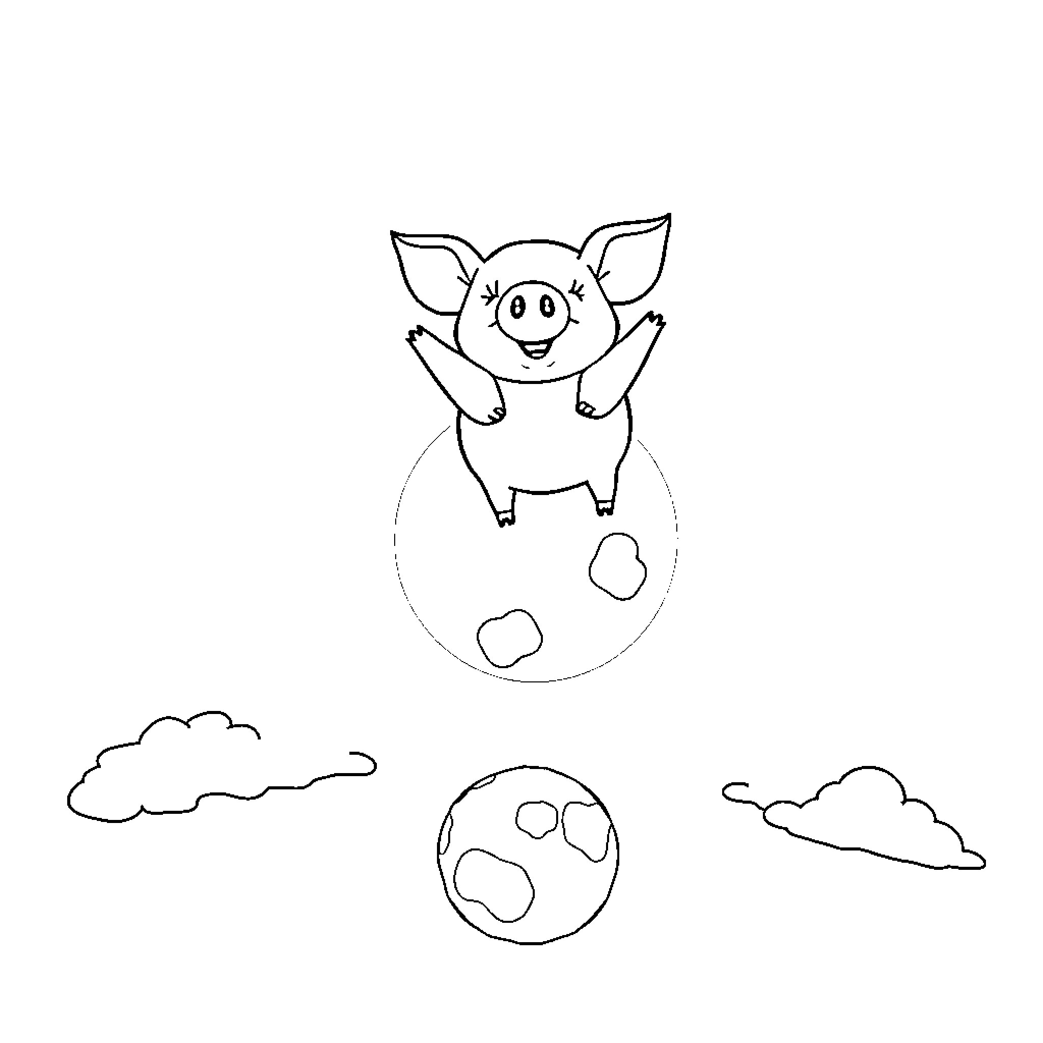 Flying Pig Soaring Joyfully in the Clouds Coloring Page (free black-and-white line drawing printable PDF for all, from beginners to advanced learners, including children, teens, adults, and seniors)