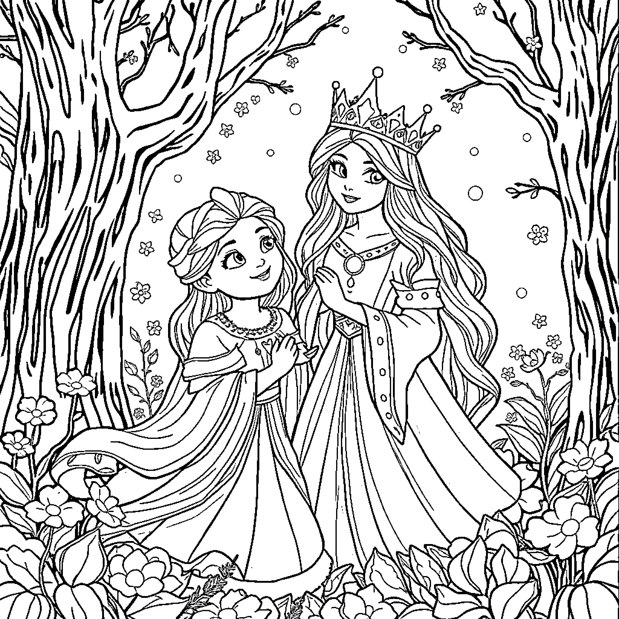 Beauty And The Beast - Fairytale Princess Scene Coloring Page (free black-and-white line drawing printable PDF for all, from beginners to advanced learners, including children, teens, adults, and seniors)