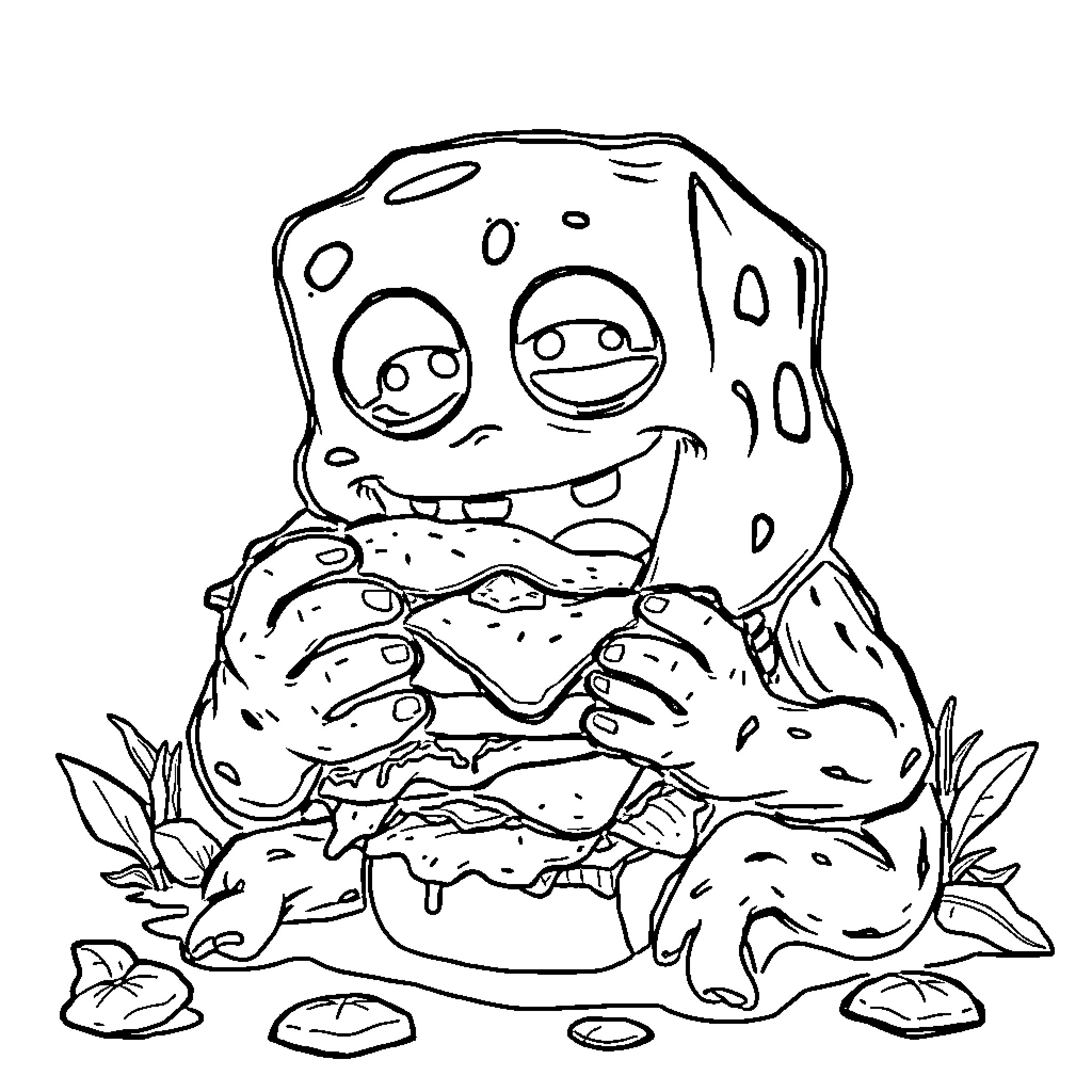 Creeper eating a delicious hamburger in the wilderness Coloring Page (free black-and-white line drawing printable PDF for all, from beginners to advanced learners, including children, teens, adults, and seniors)