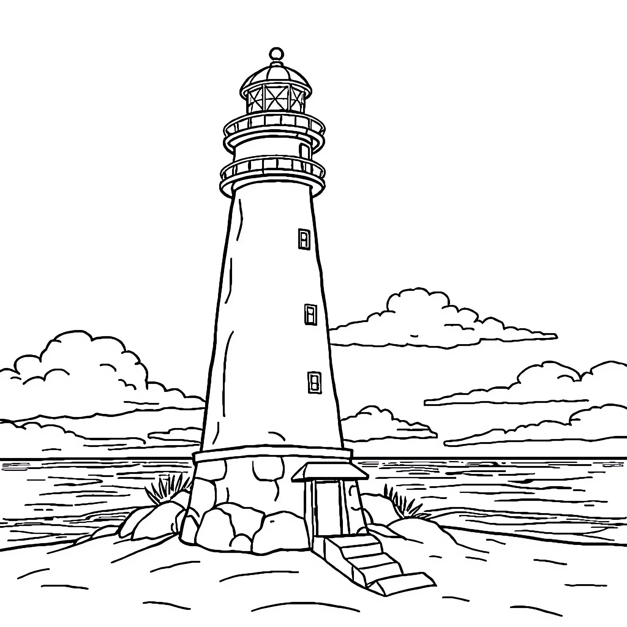 Lighthouse on a Tranquil Seascape Coloring Page (free black-and-white line drawing printable PDF for all, from beginners to advanced learners, including children, teens, adults, and seniors)