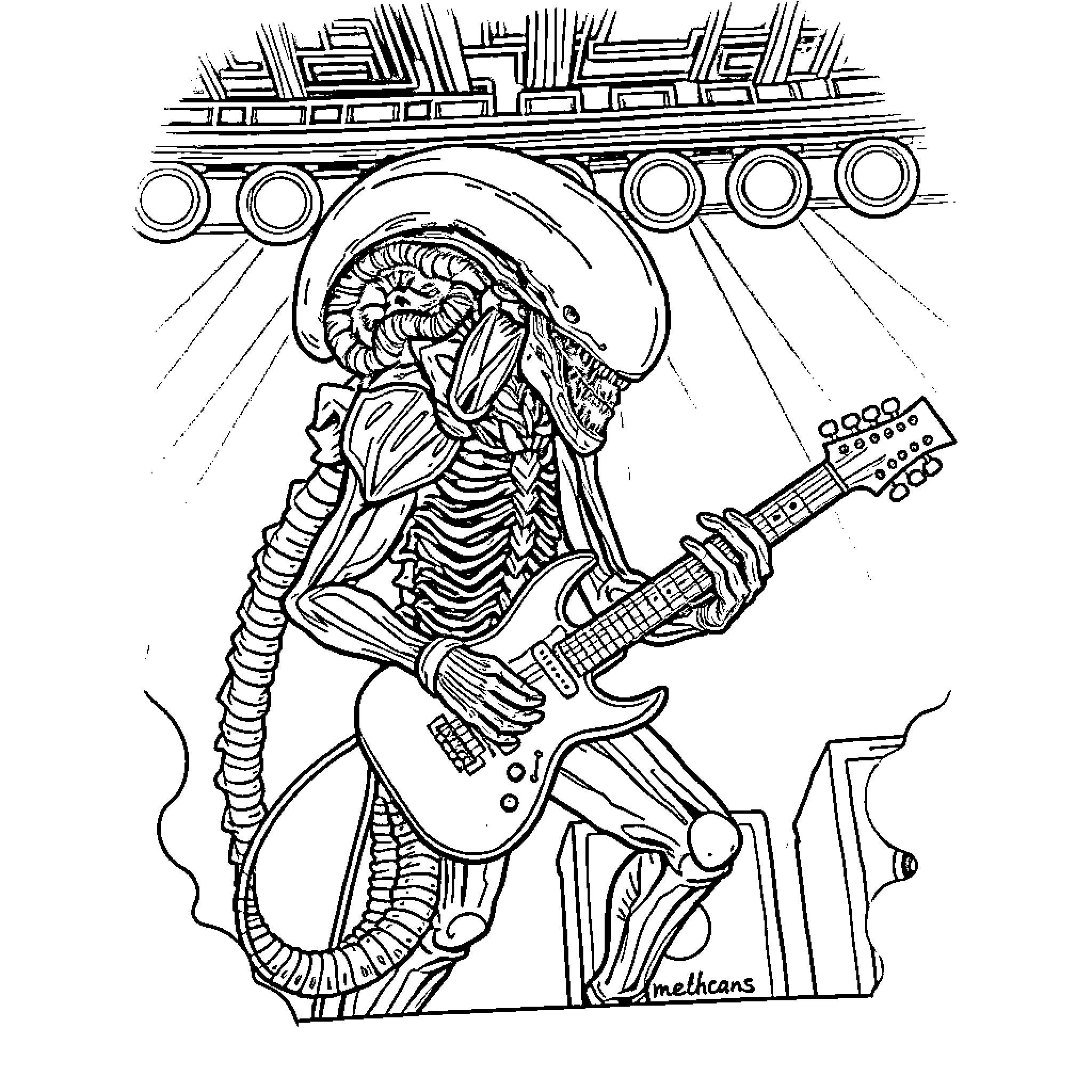 Xenomorph alien musician playing electric guitar Coloring Page (free black-and-white line drawing printable PDF for all, from beginners to advanced learners, including children, teens, adults, and seniors)