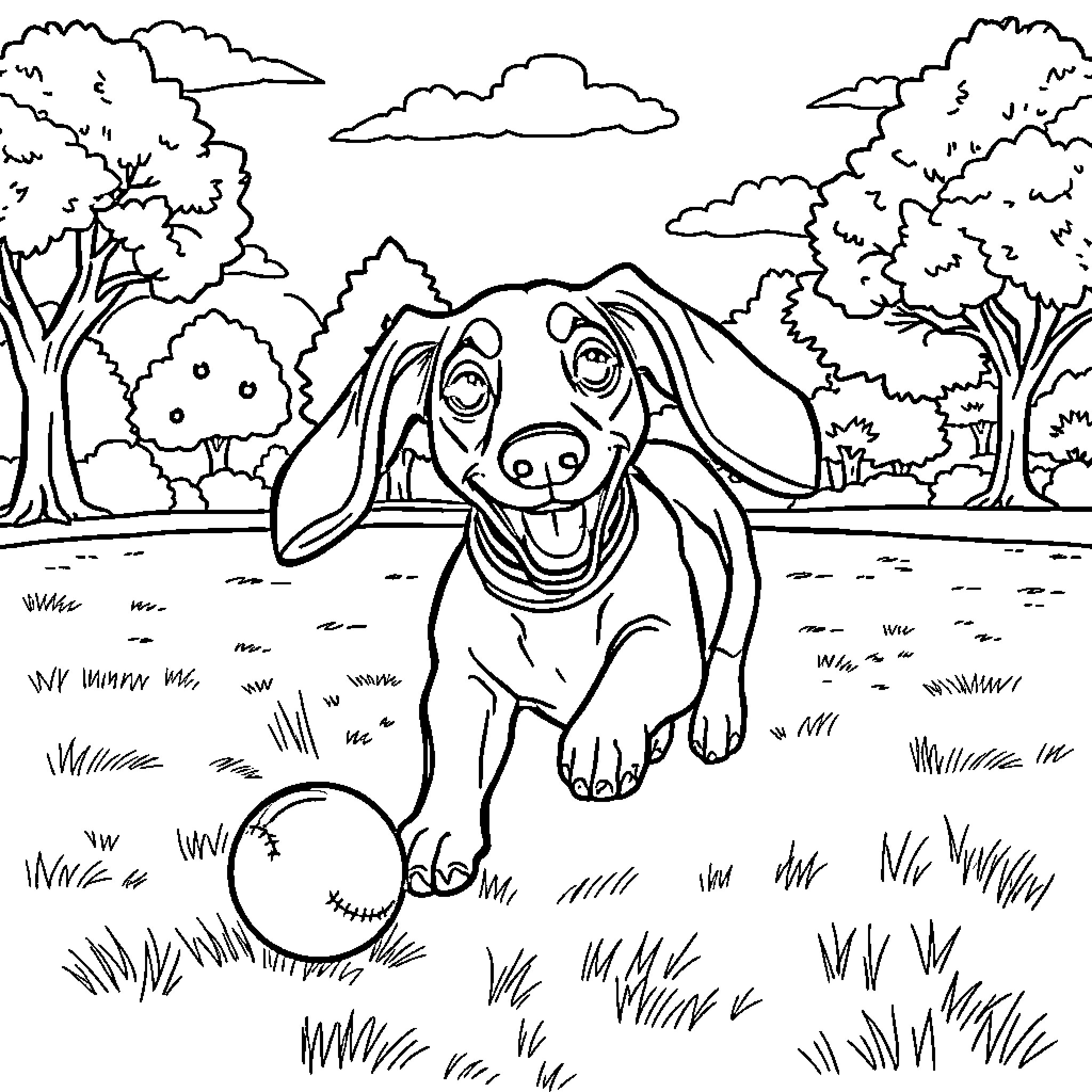 Wiener Dog playing joyfully with ball in nature Coloring Page (free black-and-white line drawing printable PDF for all, from beginners to advanced learners, including children, teens, adults, and seniors)
