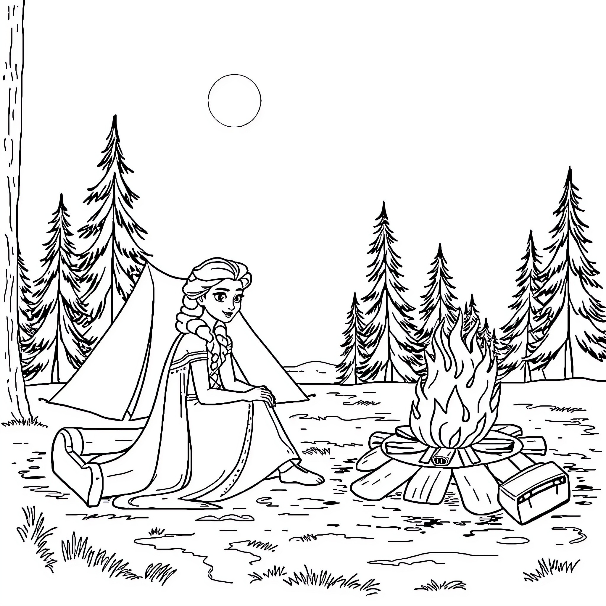 Elsa enjoying a cozy campfire in the snowy forest Coloring Page (free black-and-white line drawing printable PDF for all, from beginners to advanced learners, including children, teens, adults, and seniors)