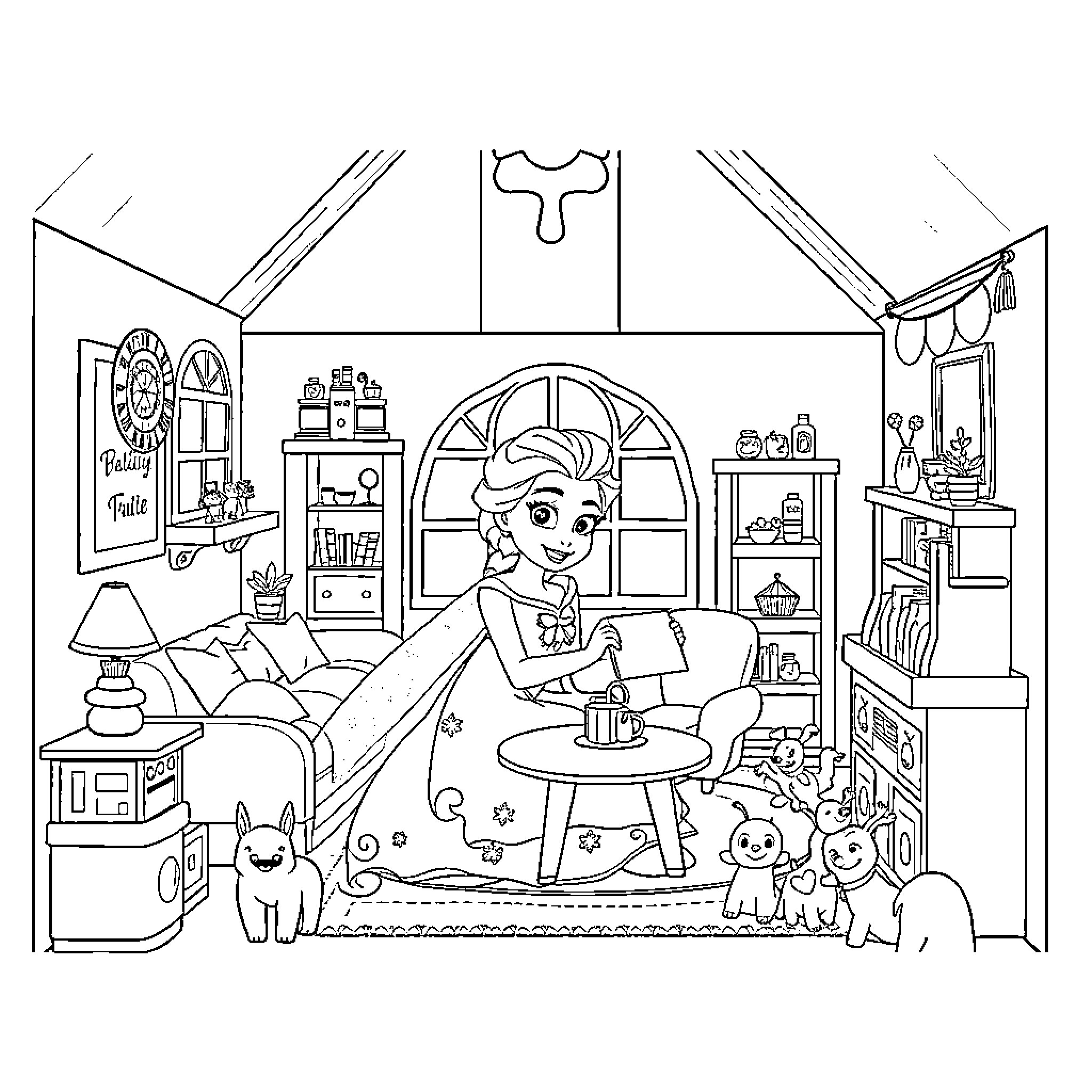 Elsa's Cozy Bedroom with Pets Coloring Page (free black-and-white line drawing printable PDF for all, from beginners to advanced learners, including children, teens, adults, and seniors)