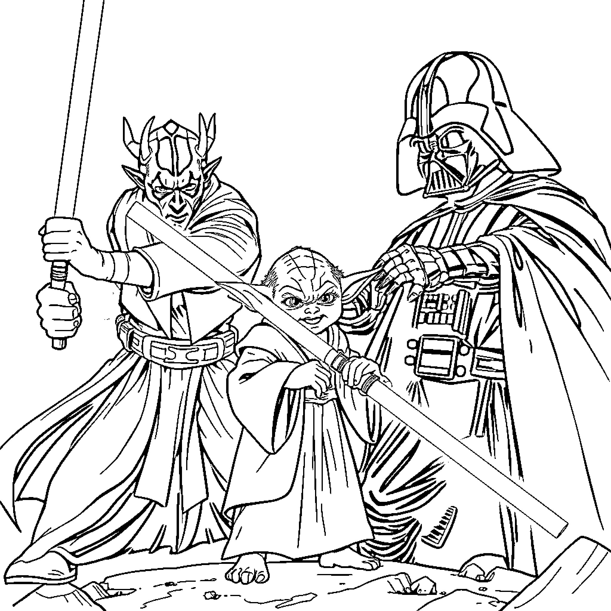 Yoda confronting Darth Vader in an epic battle Coloring Page (free black-and-white line drawing printable PDF for all, from beginners to advanced learners, including children, teens, adults, and seniors)