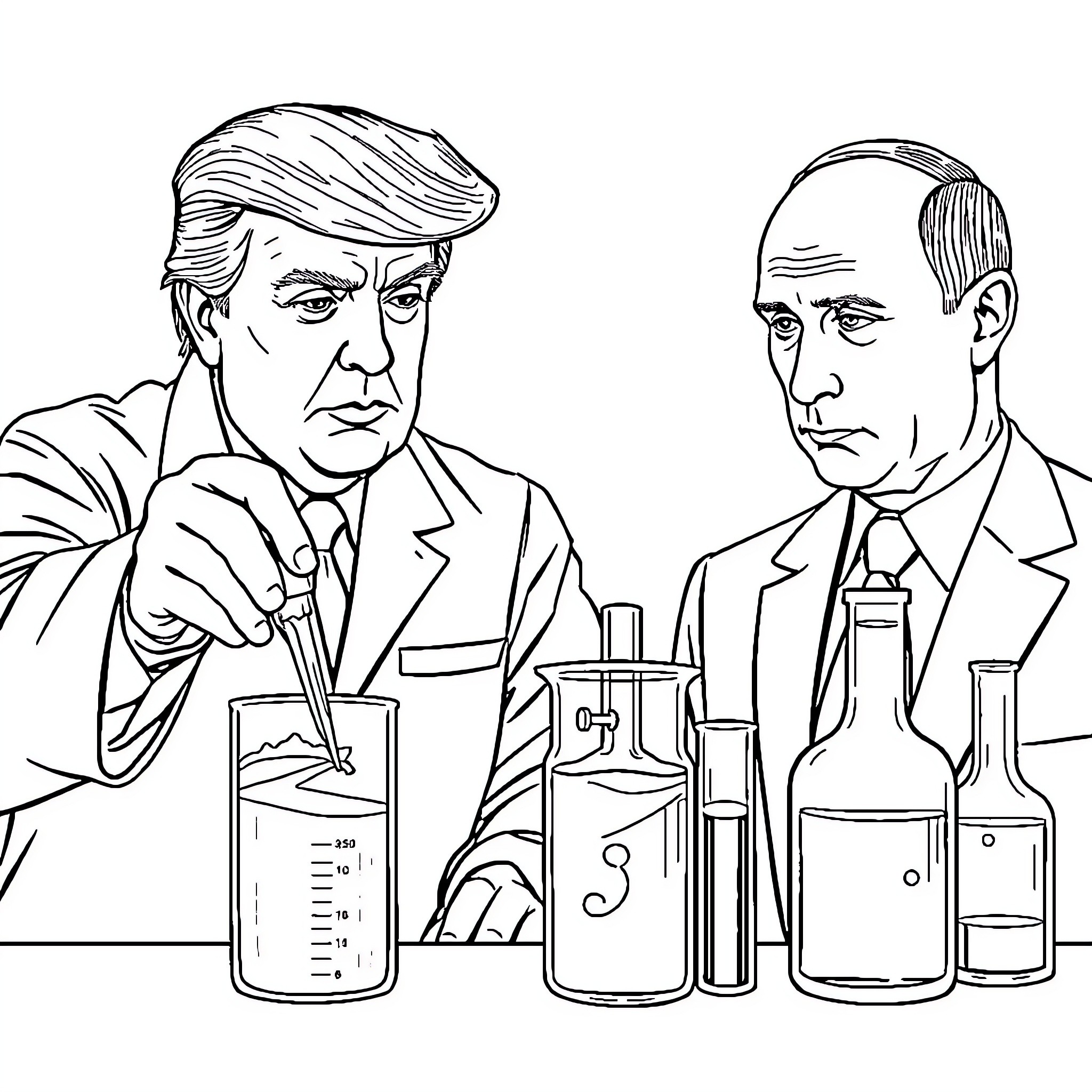 Donald Trump and Vladimir Putin Discussing Chemistry Coloring Page (free black-and-white line drawing printable PDF for all, from beginners to advanced learners, including children, teens, adults, and seniors)