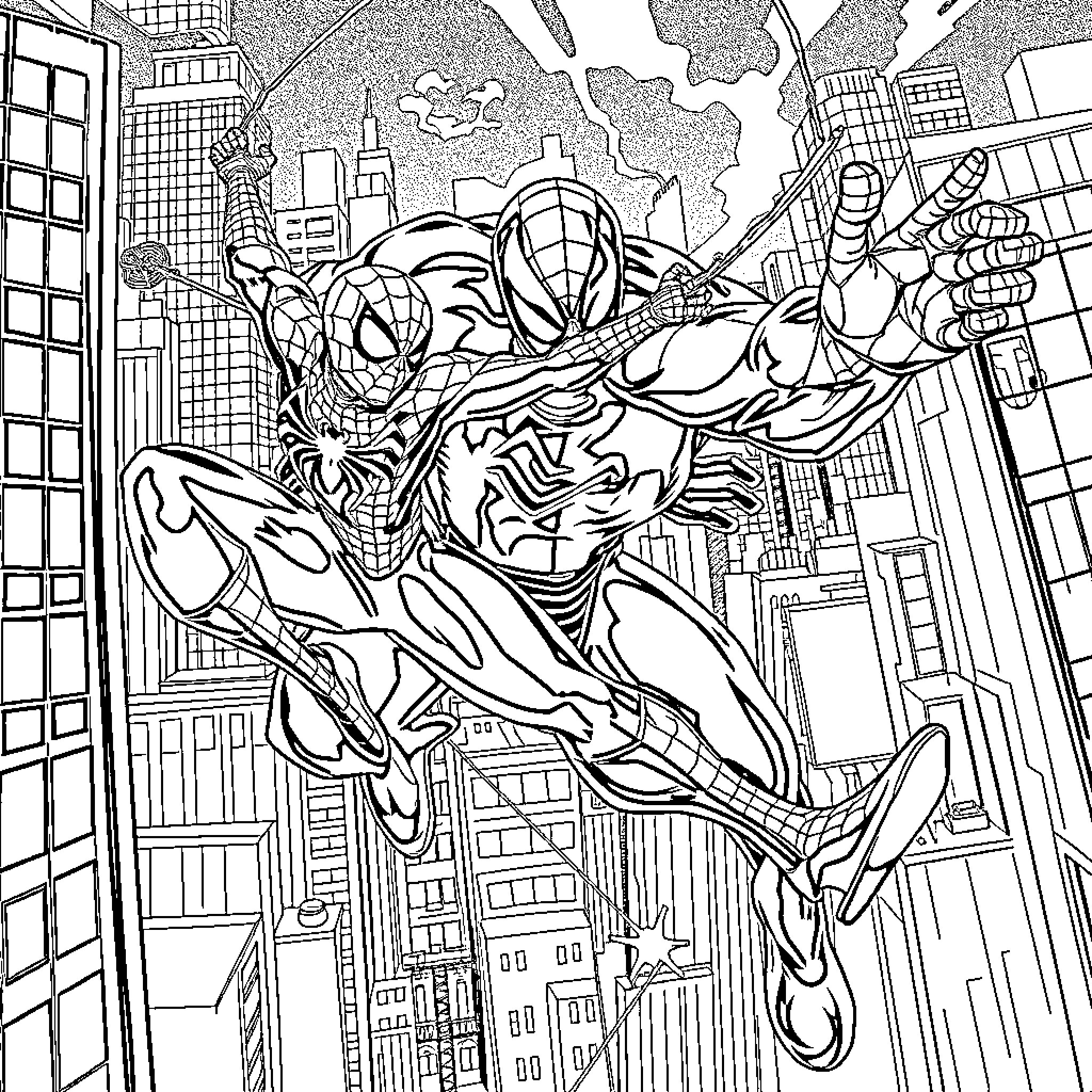 Spider-Man swinging through the city skyline Coloring Page (free black-and-white line drawing printable PDF for all, from beginners to advanced learners, including children, teens, adults, and seniors)
