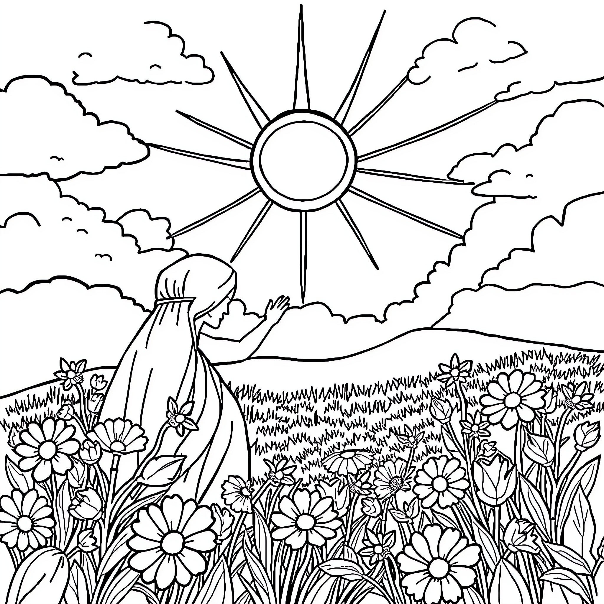 Faith in the Radiant Meadow Coloring Page (free black-and-white line drawing printable PDF for all, from beginners to advanced learners, including children, teens, adults, and seniors)