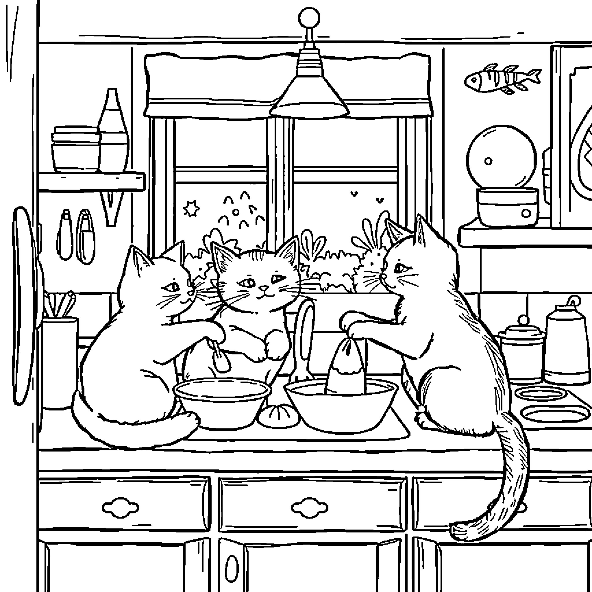 Cat Gathering in the Cozy Kitchen Coloring Page (free black-and-white line drawing printable PDF for all, from beginners to advanced learners, including children, teens, adults, and seniors)