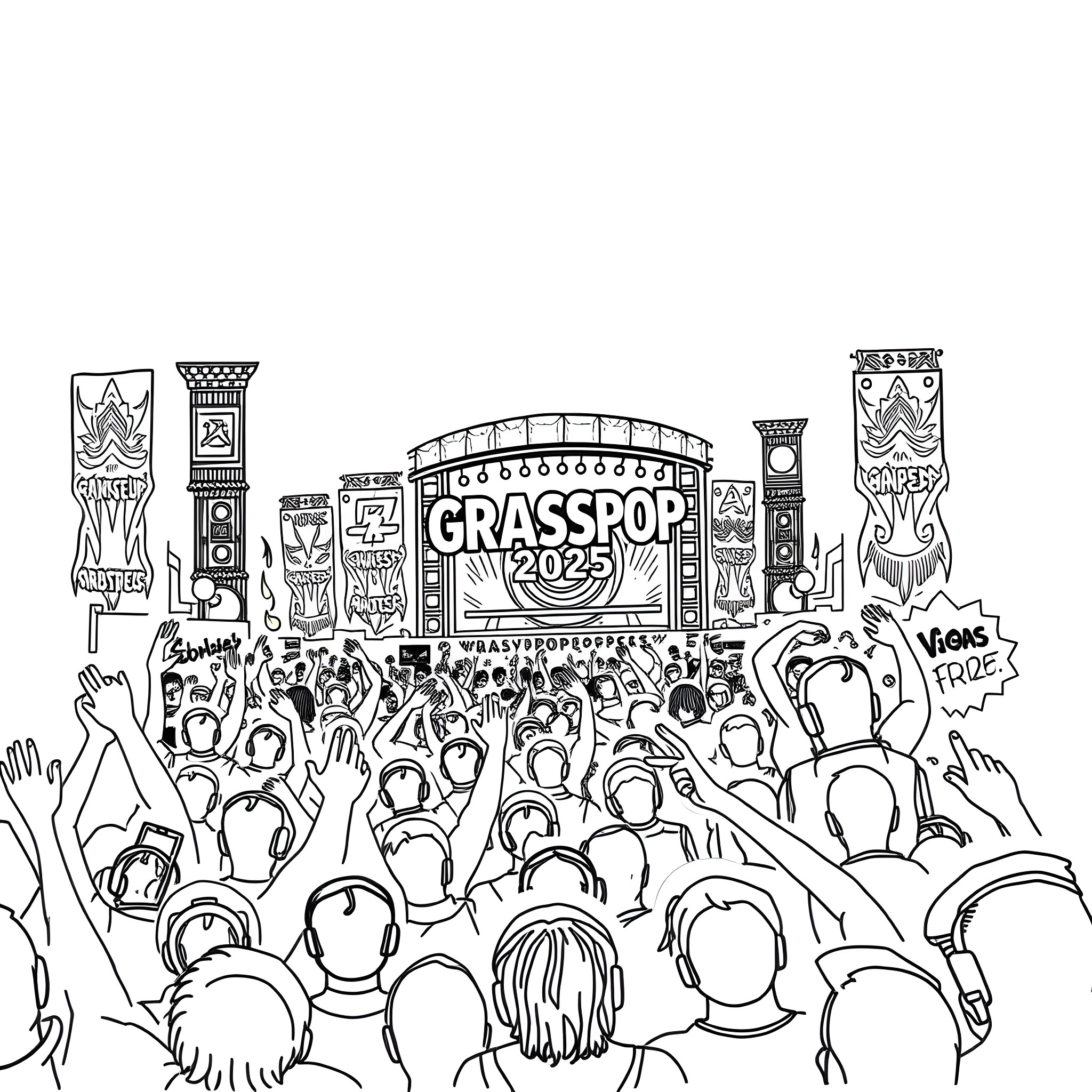 Graspop: Energetic crowd at music festival Coloring Page (free black-and-white line drawing printable PDF for all, from beginners to advanced learners, including children, teens, adults, and seniors)