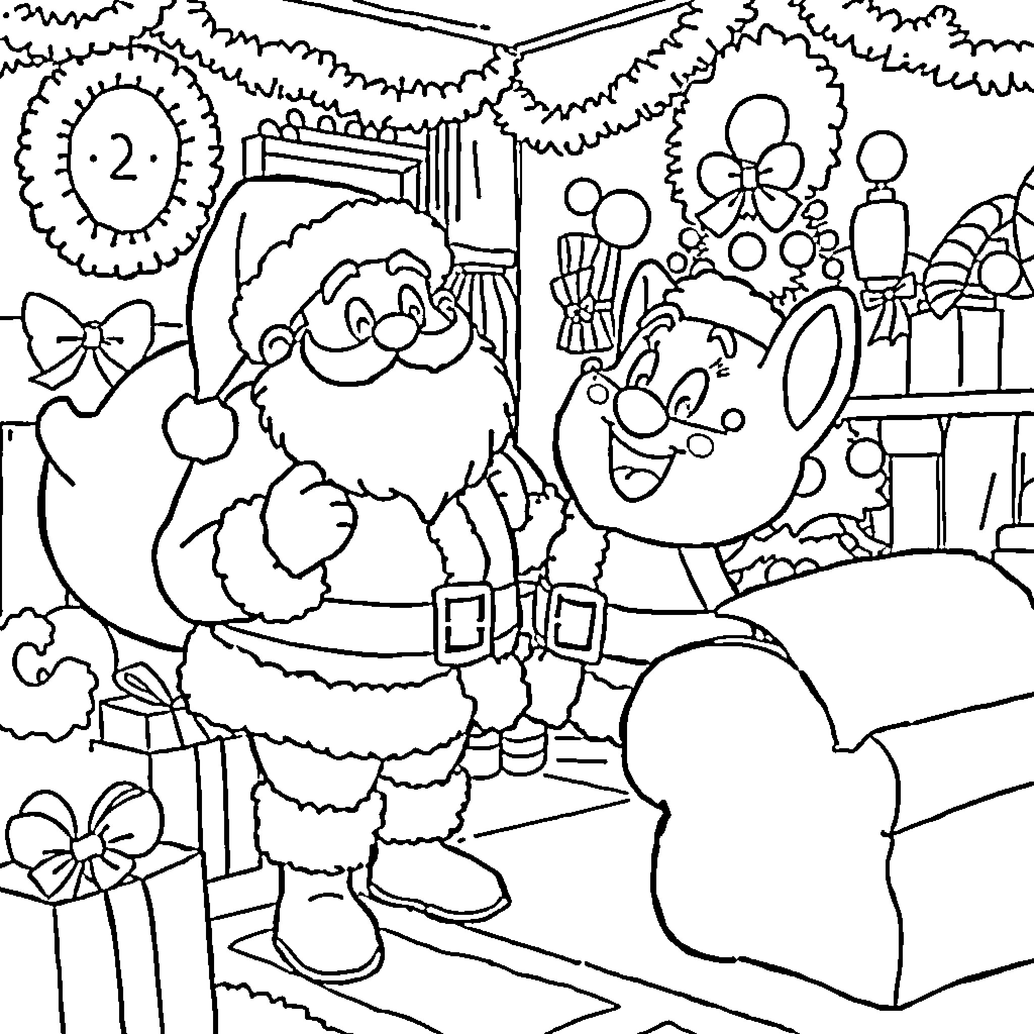 Bluey's Christmas Celebration Coloring Page (free black-and-white line drawing printable PDF for all, from beginners to advanced learners, including children, teens, adults, and seniors)