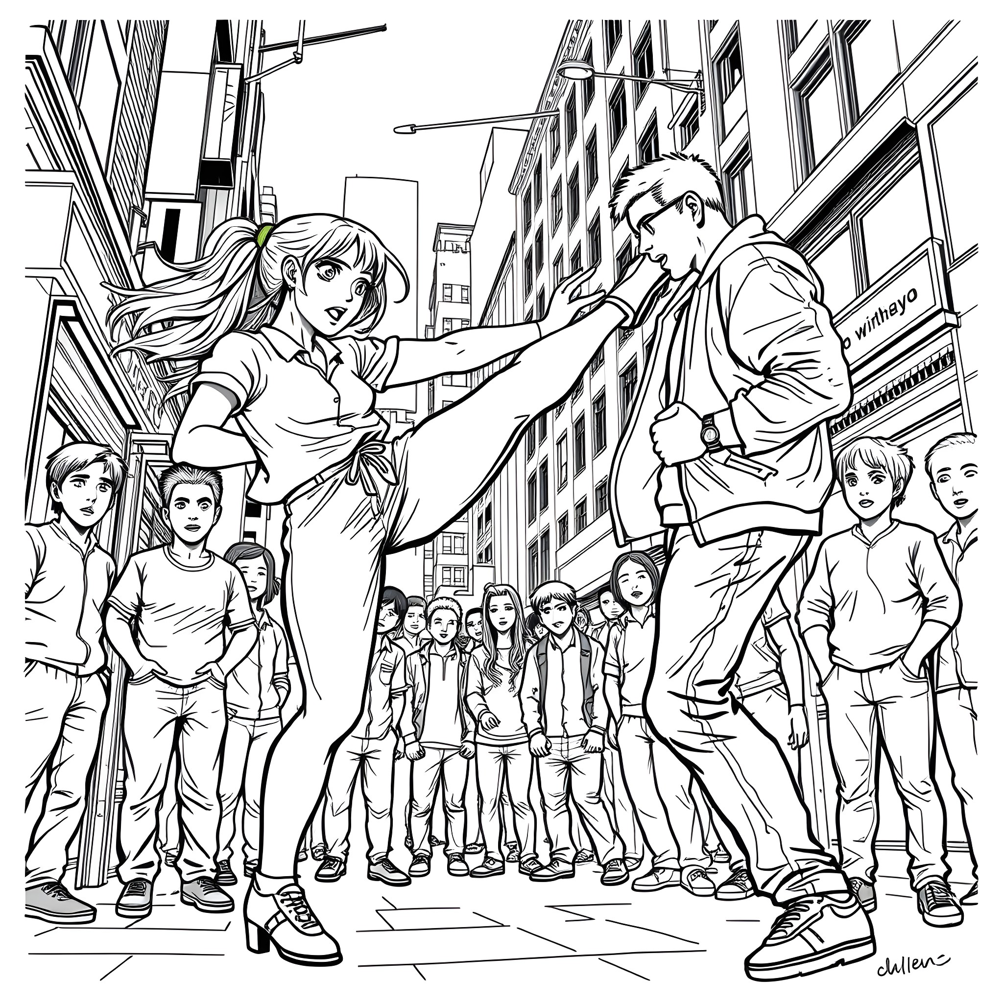 Girl in city street with crowd of people Coloring Page (free black-and-white line drawing printable PDF for all, from beginners to advanced learners, including children, teens, adults, and seniors)