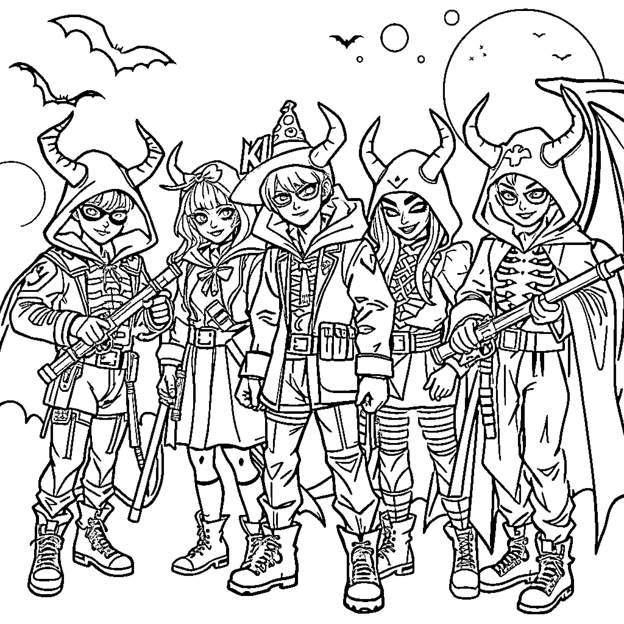 Demon Hunters in Spooky Outfits on a Moonlit Night Coloring Page (free black-and-white line drawing printable PDF for all, from beginners to advanced learners, including children, teens, adults, and seniors)
