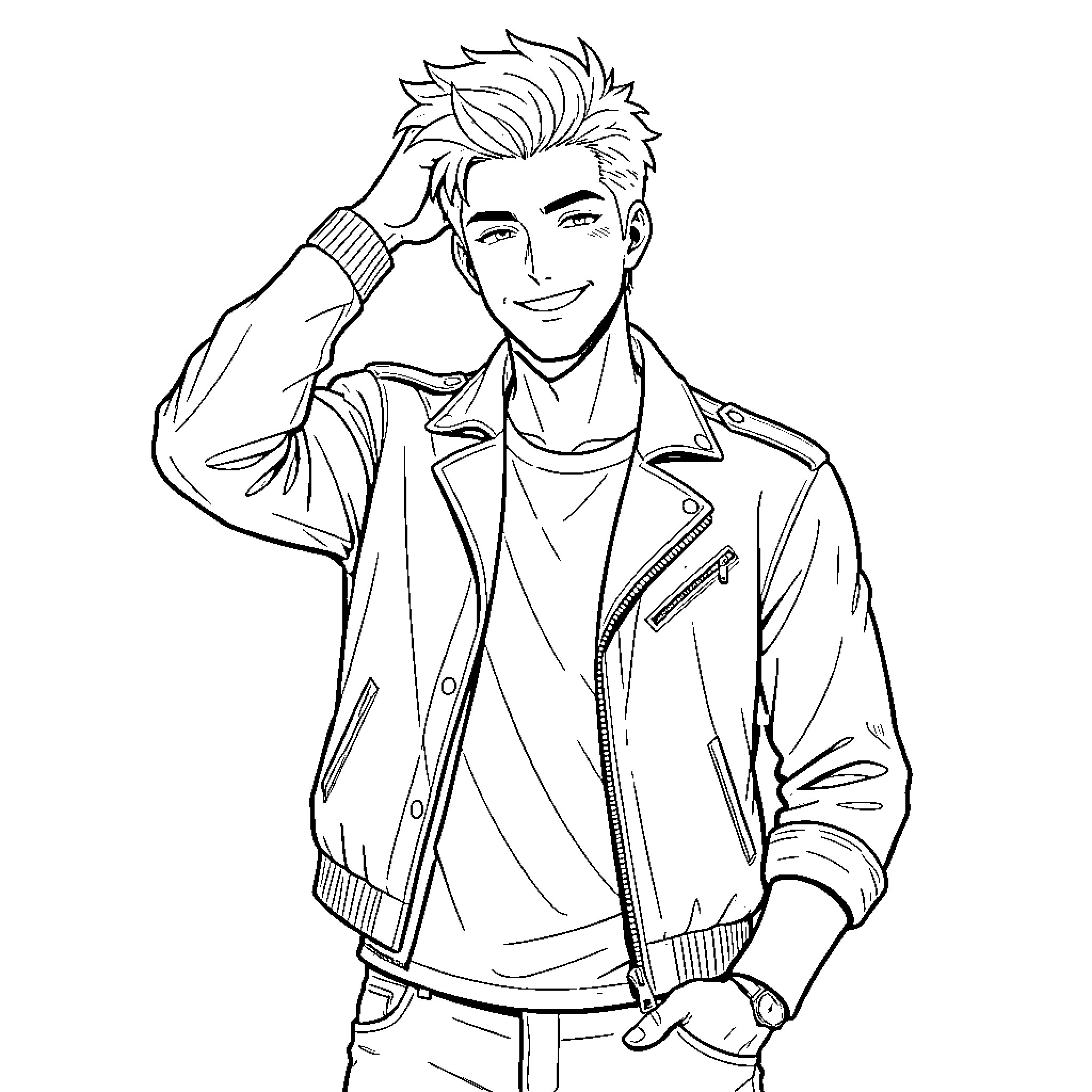 Man in a casual outfit with a happy expression Coloring Page (free black-and-white line drawing printable PDF for all, from beginners to advanced learners, including children, teens, adults, and seniors)