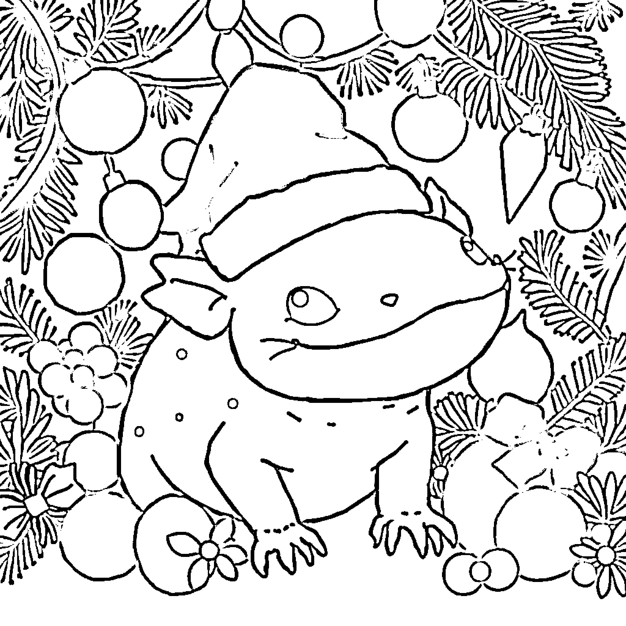 Axolotl surrounded by floral elements Coloring Page (free black-and-white line drawing printable PDF for all, from beginners to advanced learners, including children, teens, adults, and seniors)