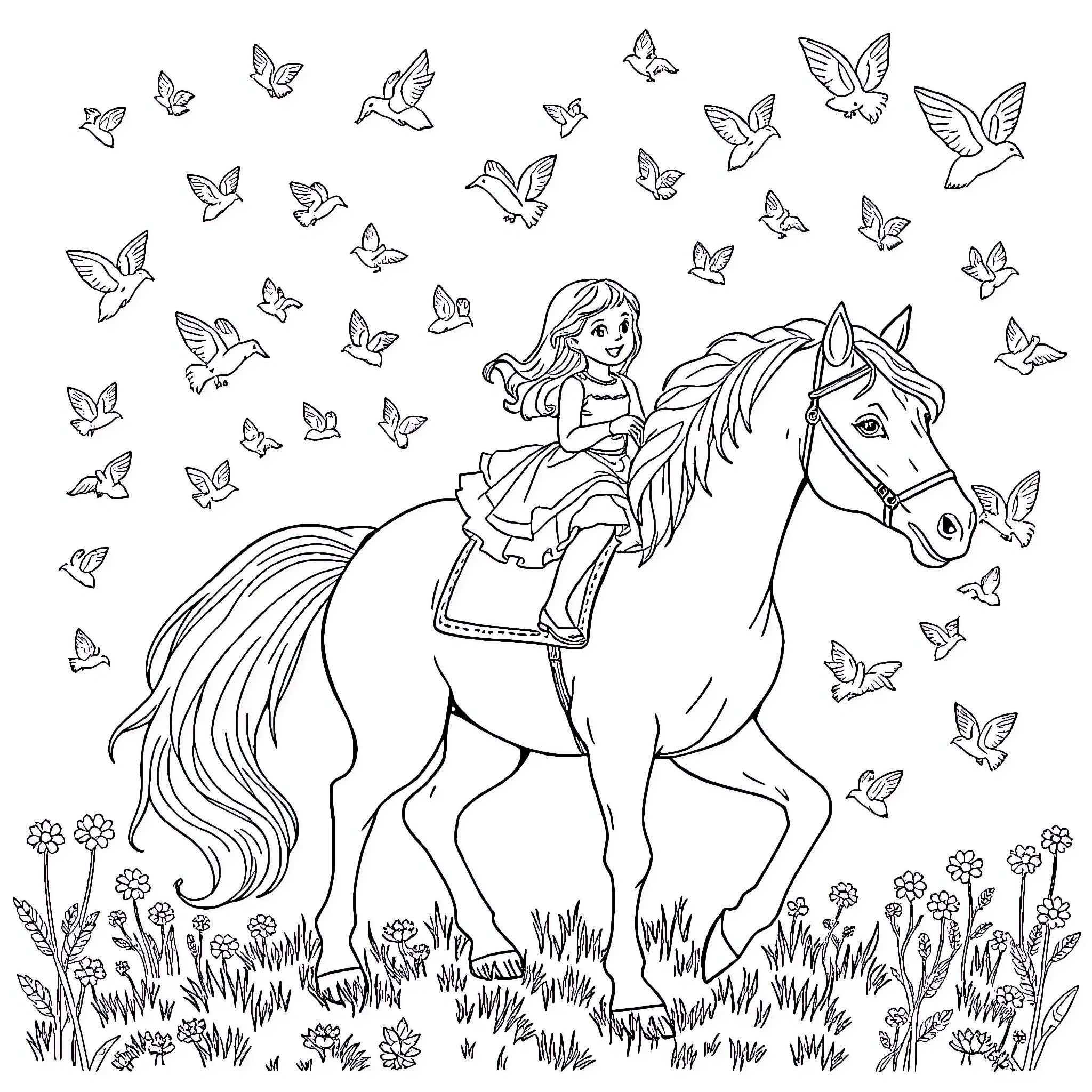 Horse and Girl Surrounded by Butterflies Coloring Page (free black-and-white line drawing printable PDF for all, from beginners to advanced learners, including children, teens, adults, and seniors)