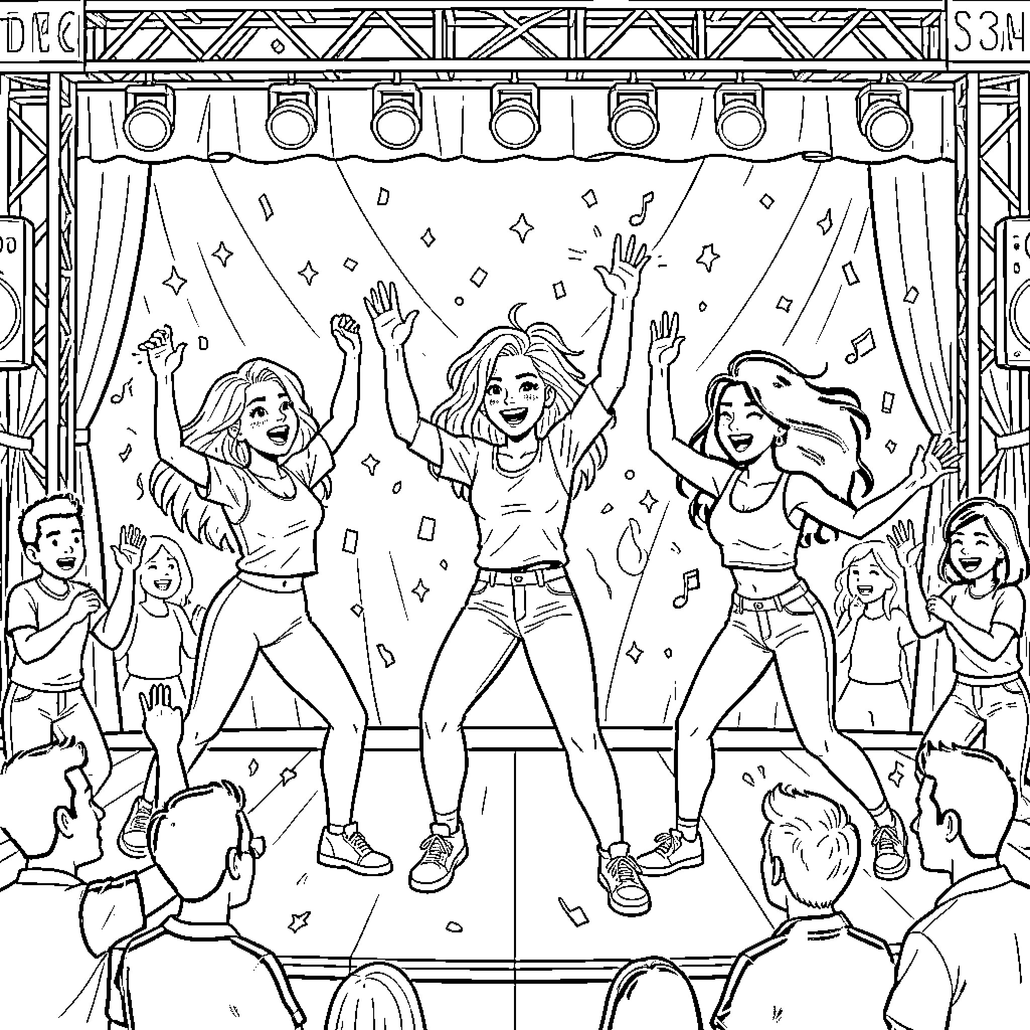 Kateyes joyful girls dancing and celebrating on a stage Coloring Page (free black-and-white line drawing printable PDF for all, from beginners to advanced learners, including children, teens, adults, and seniors)