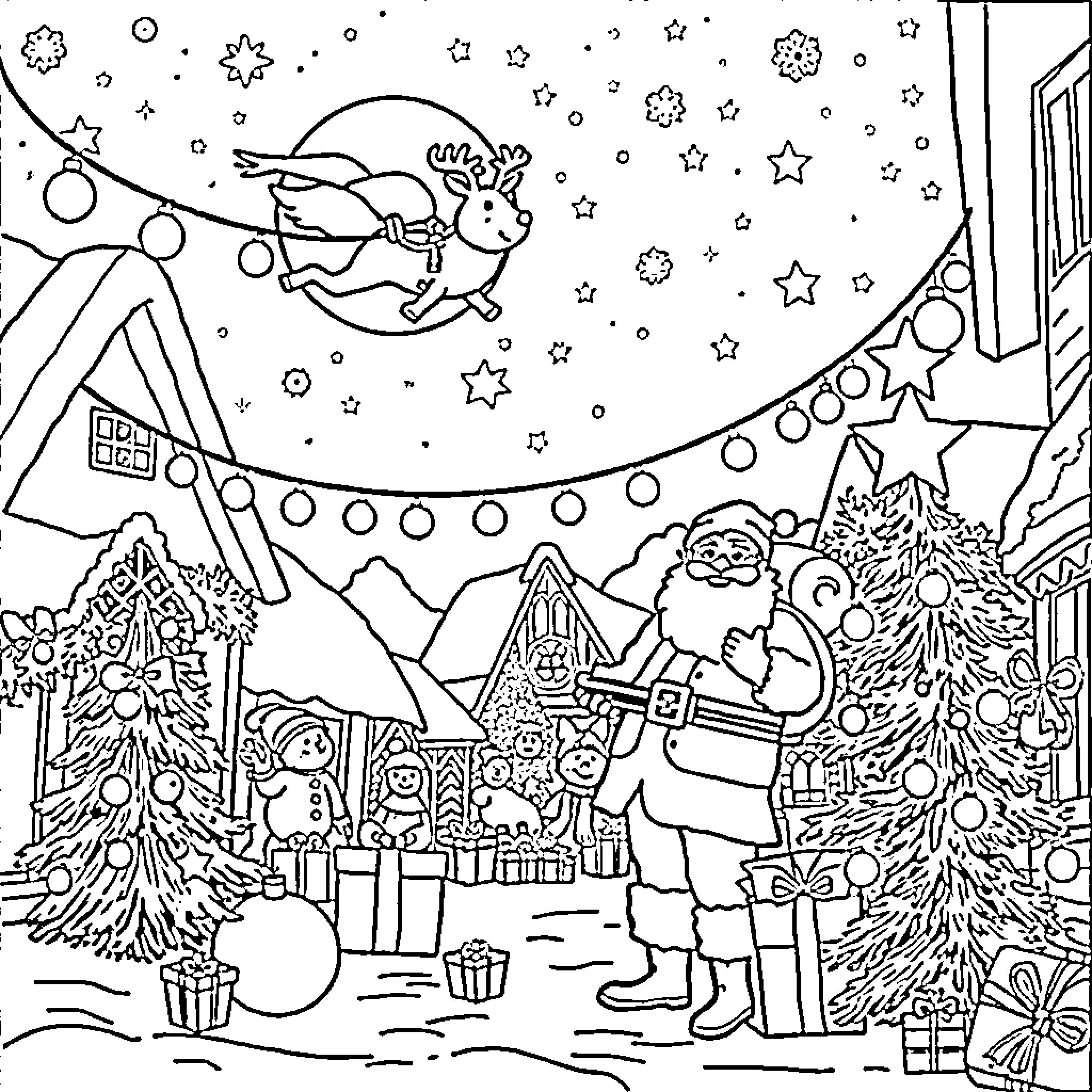 Santa's Festive Winter Scene with Reindeer and Gifts Coloring Page (free black-and-white line drawing printable PDF for all, from beginners to advanced learners, including children, teens, adults, and seniors)