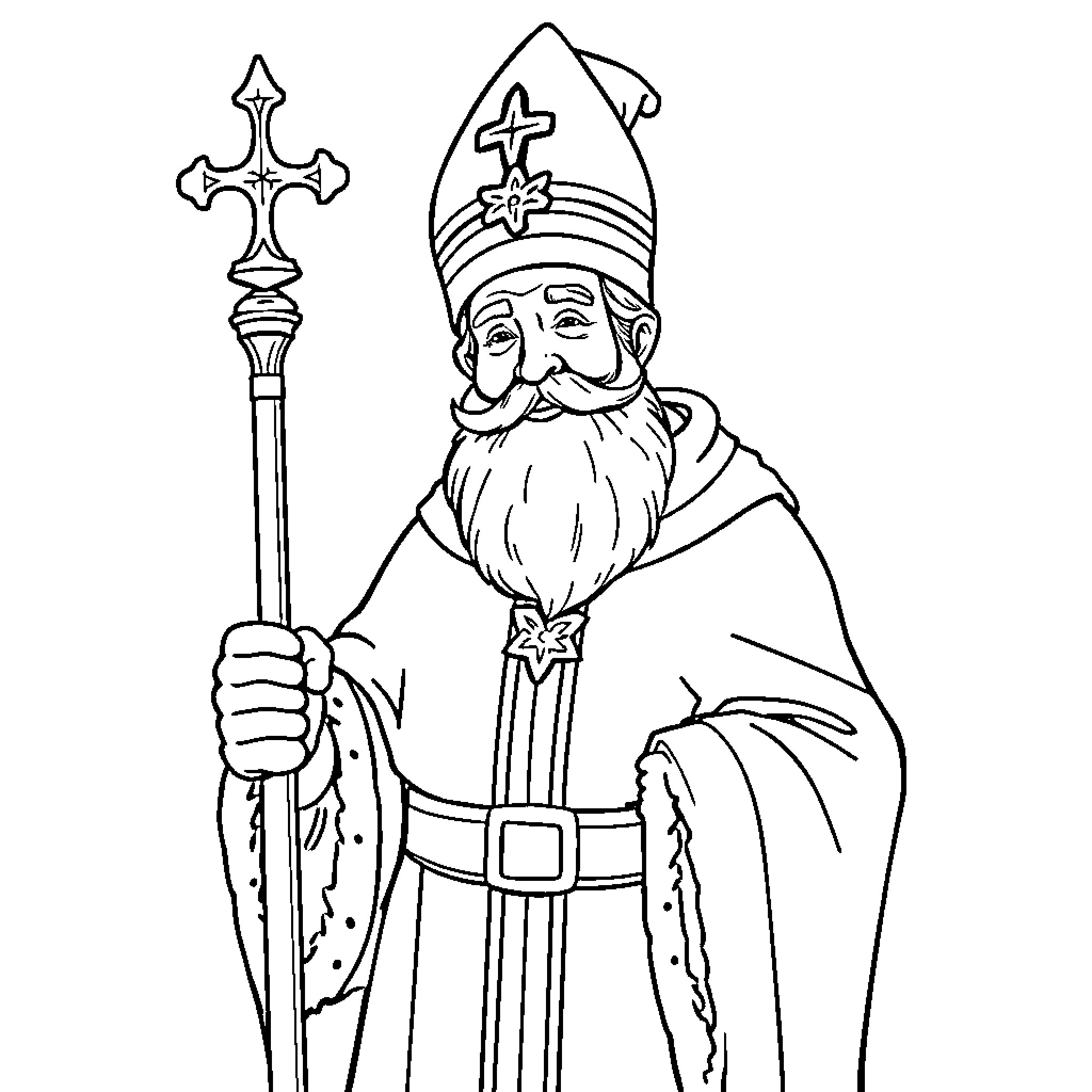 Saint Nicolas in Ceremonial Robes Holding a Scepter Coloring Page (free black-and-white line drawing printable PDF for all, from beginners to advanced learners, including children, teens, adults, and seniors)