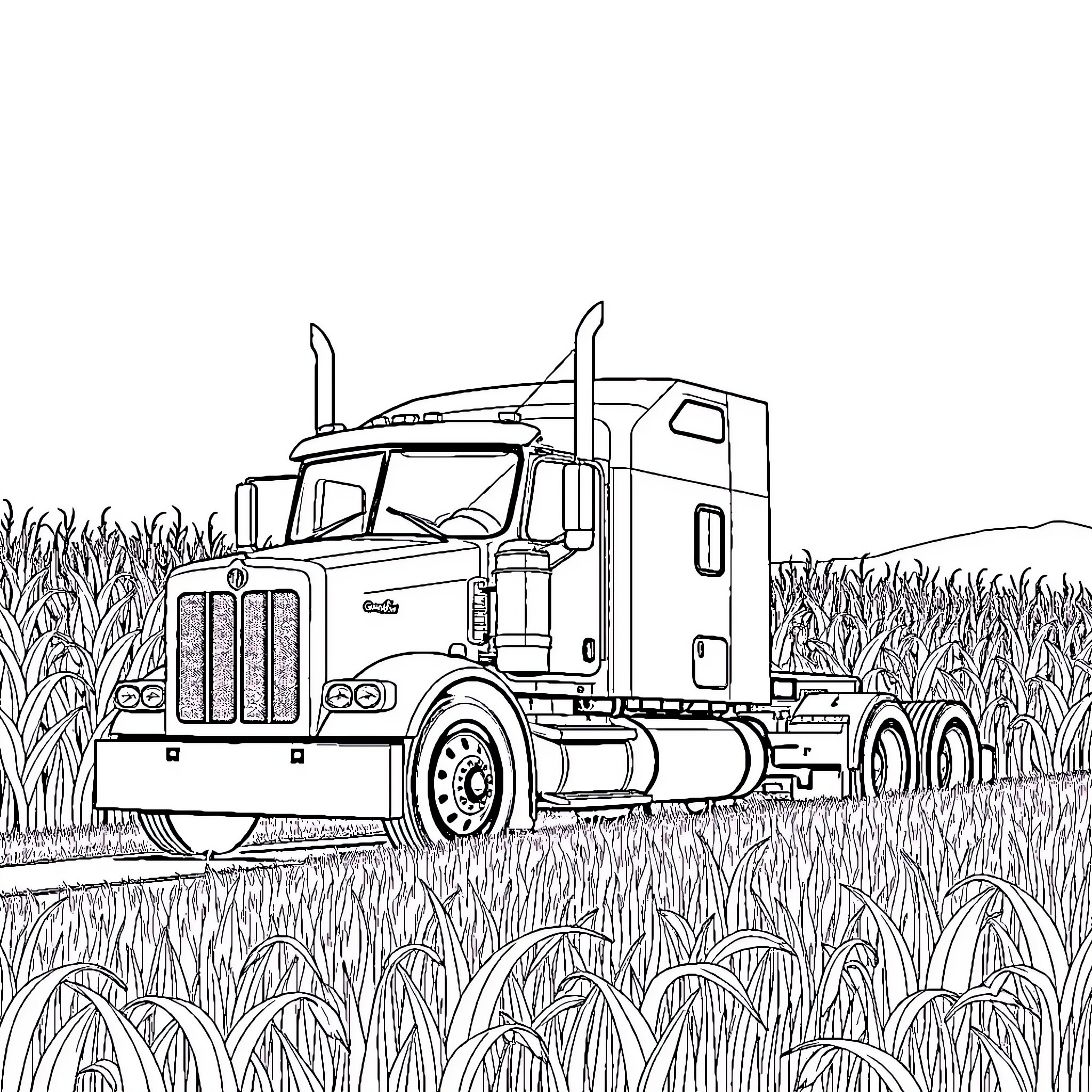 Kenworth Semi-Truck Traversing through Tall Grass Field Coloring Page (free black-and-white line drawing printable PDF for all, from beginners to advanced learners, including children, teens, adults, and seniors)