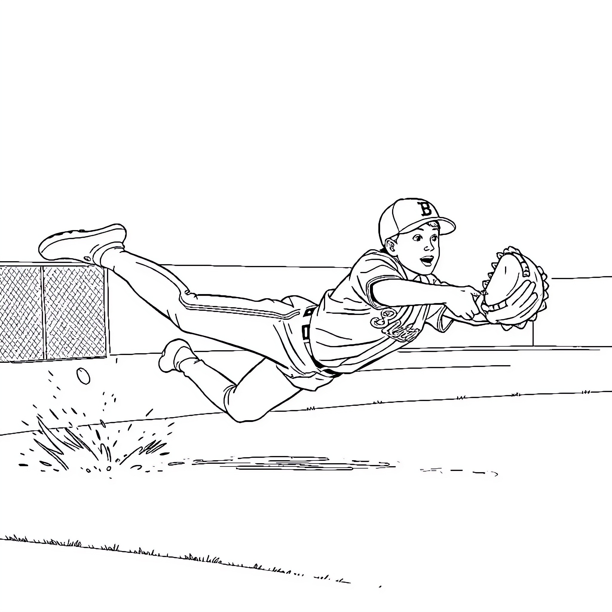Baseball Player Making a Diving Catch Coloring Page (free black-and-white line drawing printable PDF for all, from beginners to advanced learners, including children, teens, adults, and seniors)
