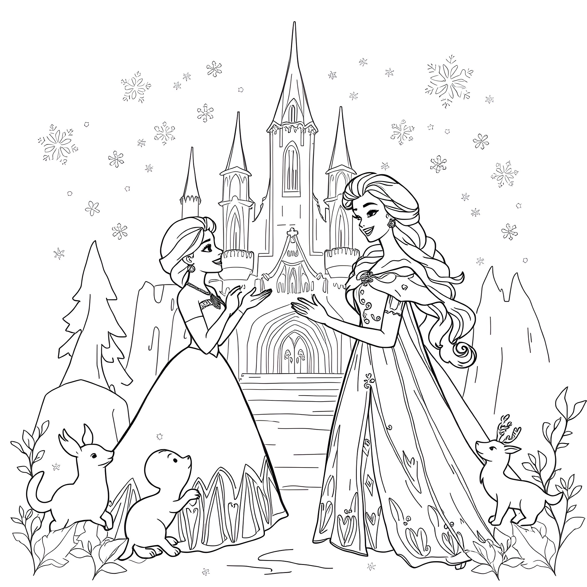 Barbie and Elsa in a Winter Wonderland Coloring Page (free black-and-white line drawing printable PDF for all, from beginners to advanced learners, including children, teens, adults, and seniors)