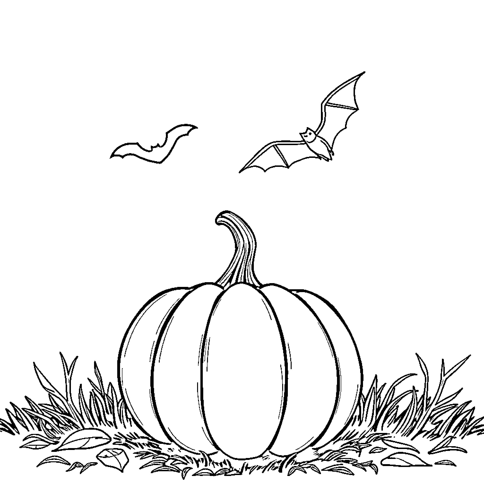 Pumpkin in the Patch with Bats Coloring Page (free black-and-white line drawing printable PDF for all, from beginners to advanced learners, including children, teens, adults, and seniors)