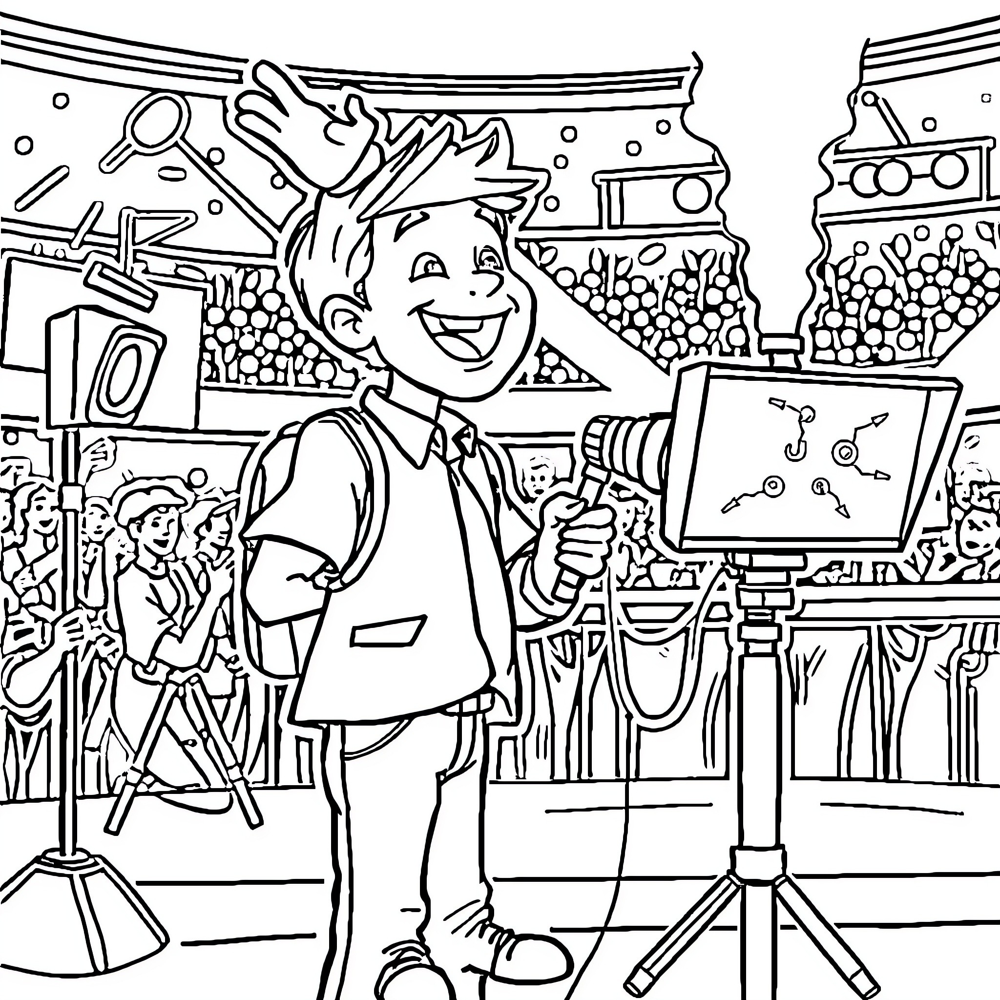 Journalist capturing the excitement of a news event Coloring Page (free black-and-white line drawing printable PDF for all, from beginners to advanced learners, including children, teens, adults, and seniors)