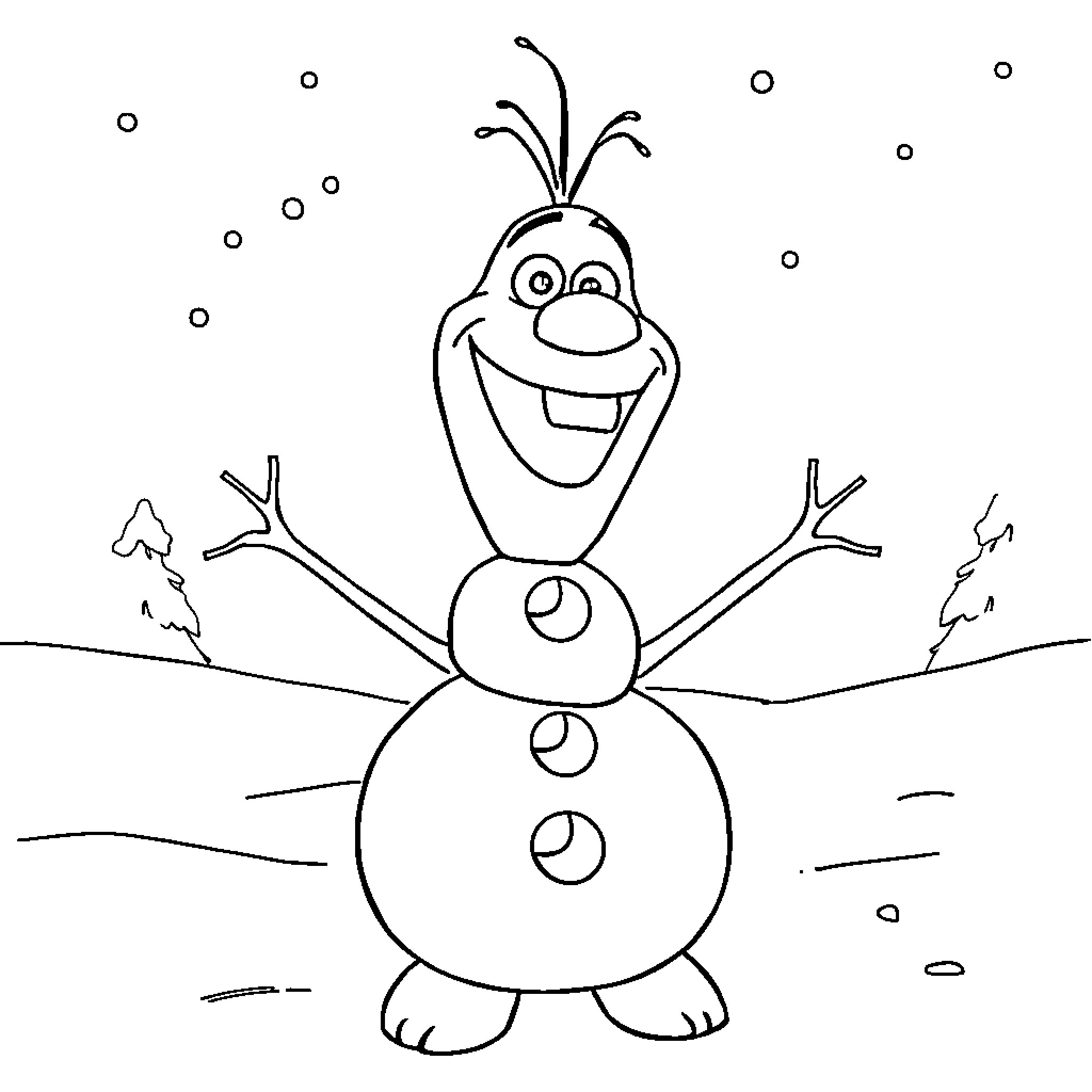 Olaf the Snowman Joyfully Embracing the Snowy Scene Coloring Page (free black-and-white line drawing printable PDF for all, from beginners to advanced learners, including children, teens, adults, and seniors)